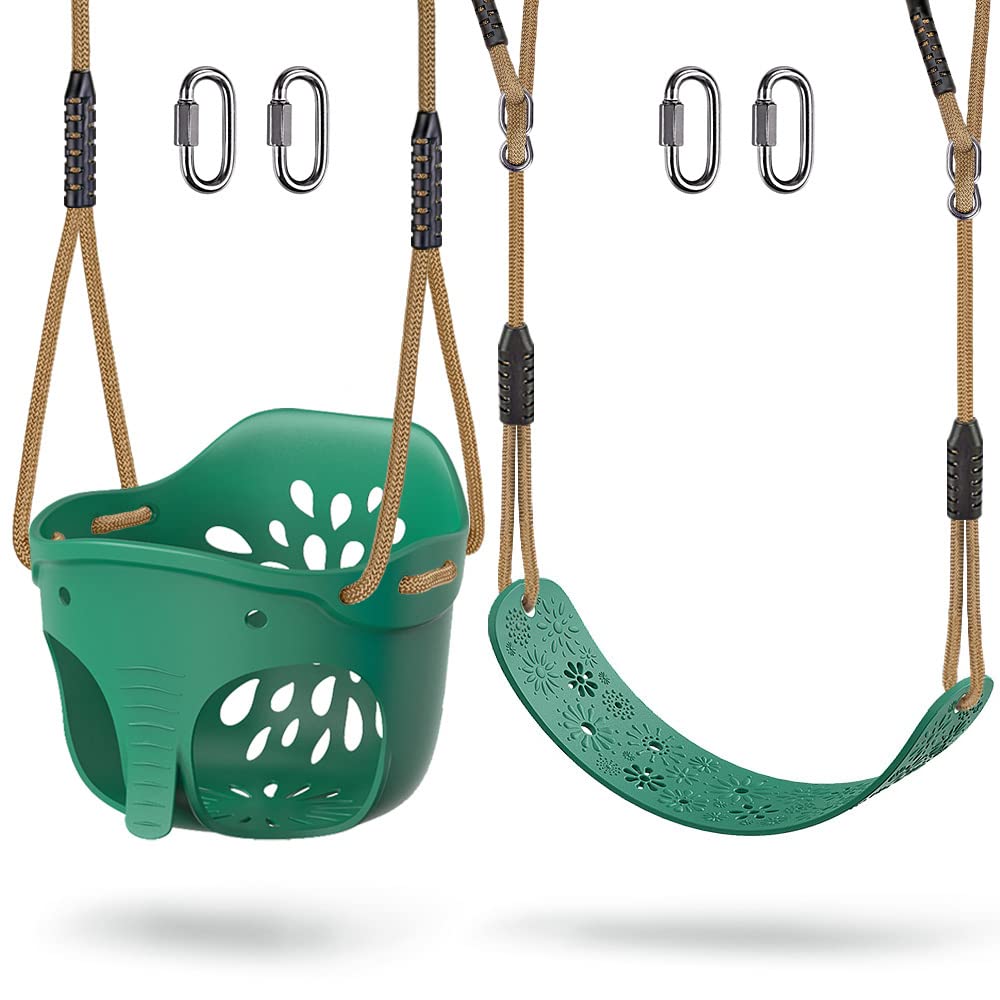 Dolibest High Back Full Bucket Swing Seats for Toddlers - Adjustable Rope with 4 Locking Carabiners, 600LB Capacity - Cute Elephant Design (2 Pack) | Perfect for Backyard Playsets, Daycare Centers & Outdoor Play Areas