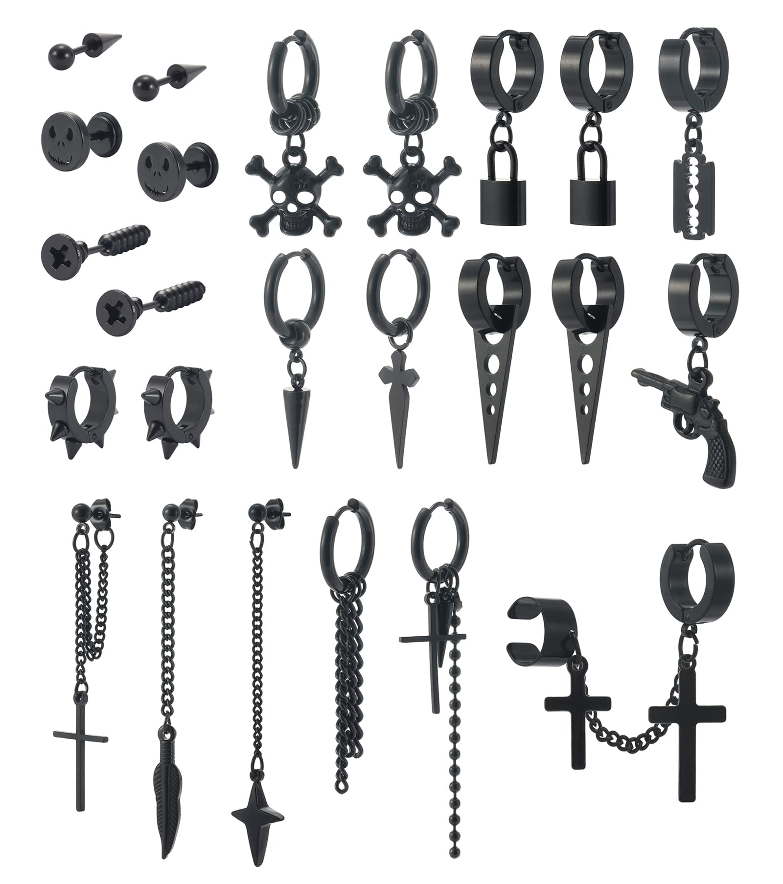 AnoGik Punk Stud Hoop Earrings - Stainless Steel Gothic Cross & Skull Lock Earrings for Men & Women (24PCS Set) | Perfect for Goth Fashion, Rock Concerts & Alternative Style Outfits