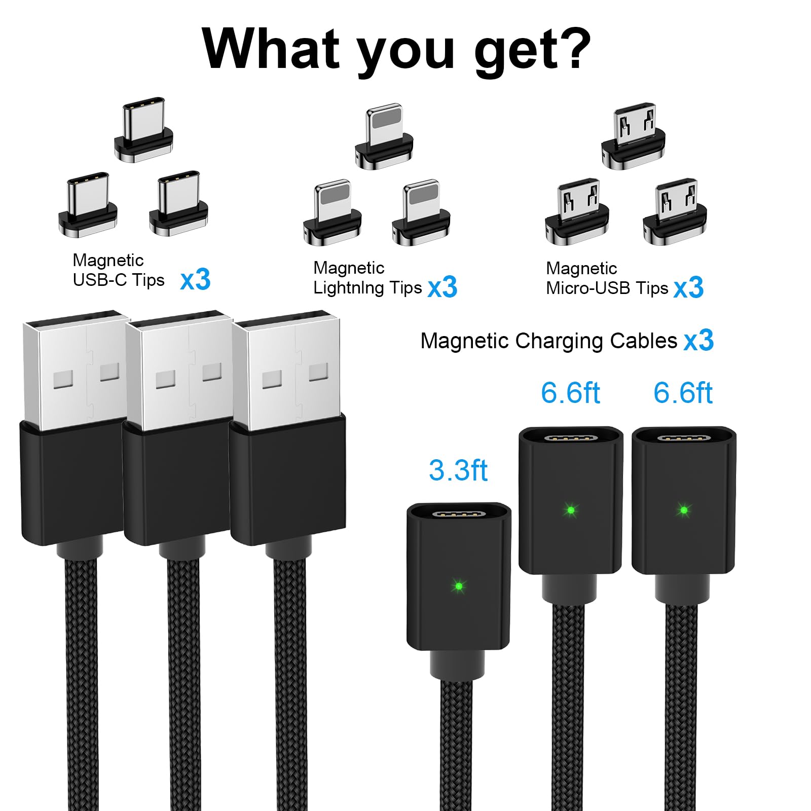3-Pack Magnetic Charging Cable Set - 3A Fast Charging (3.3ft/6.6ft/6.6ft) with LED Light | Nylon Braided USB-C & Micro-USB Compatible | Perfect for iPhone, Android, Tablets at Home, Office or Travel - Black