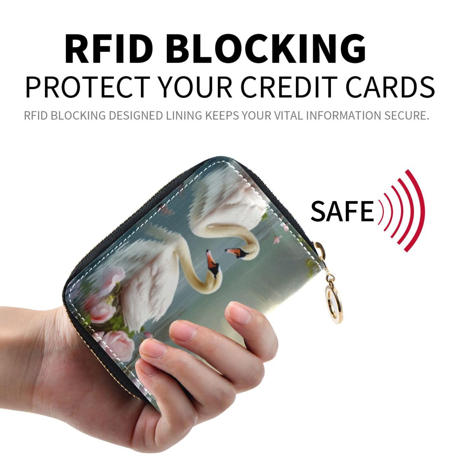 Genuine Leather Credit Card Holder with Swan & Pink Floral Design - Zipper Wallet for ID Cards, Credit Cards & Cash | Perfect for Women's Everyday Use, Travel & Gift Giving