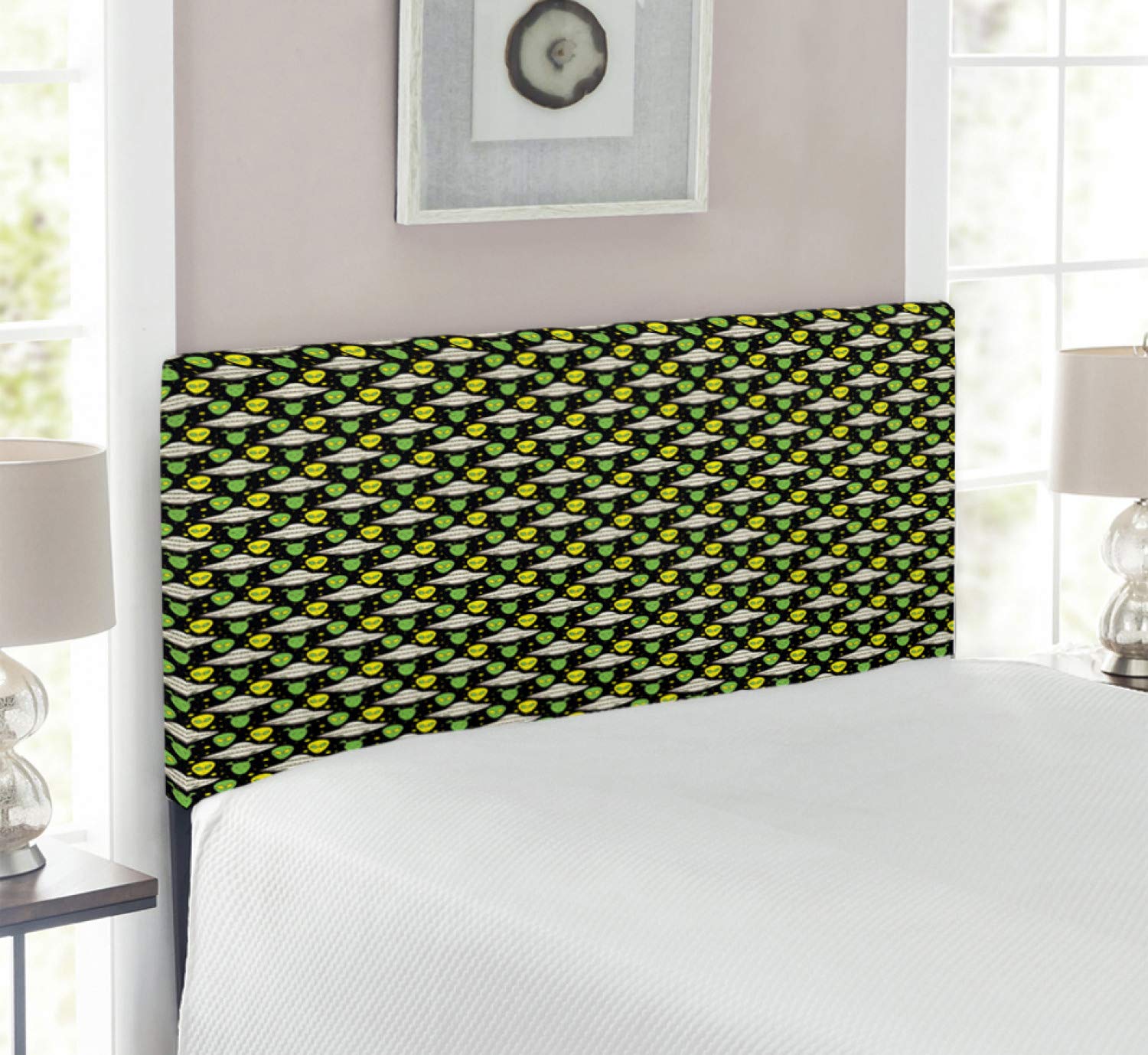 Ambesonne Alien Headboard - Sketch Style Space Craft Design with Dotted Background, Upholstered Metal Bed Frame with Memory Foam - Twin Size in Apple Green Eggshell - Perfect for Sci-Fi Themed Bedrooms & Kids Room Decor