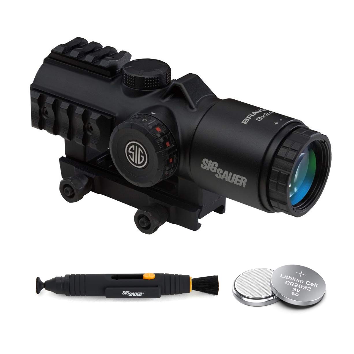 Sig Sauer BRAVO3 3x24mm Battle Sight with Horseshoe Red Dot Reticle - Black Tactical Rifle Scope | Includes 2 Extra Batteries & Lens Cleaning Pen | Perfect for Hunting, Shooting Range & Tactical Training
