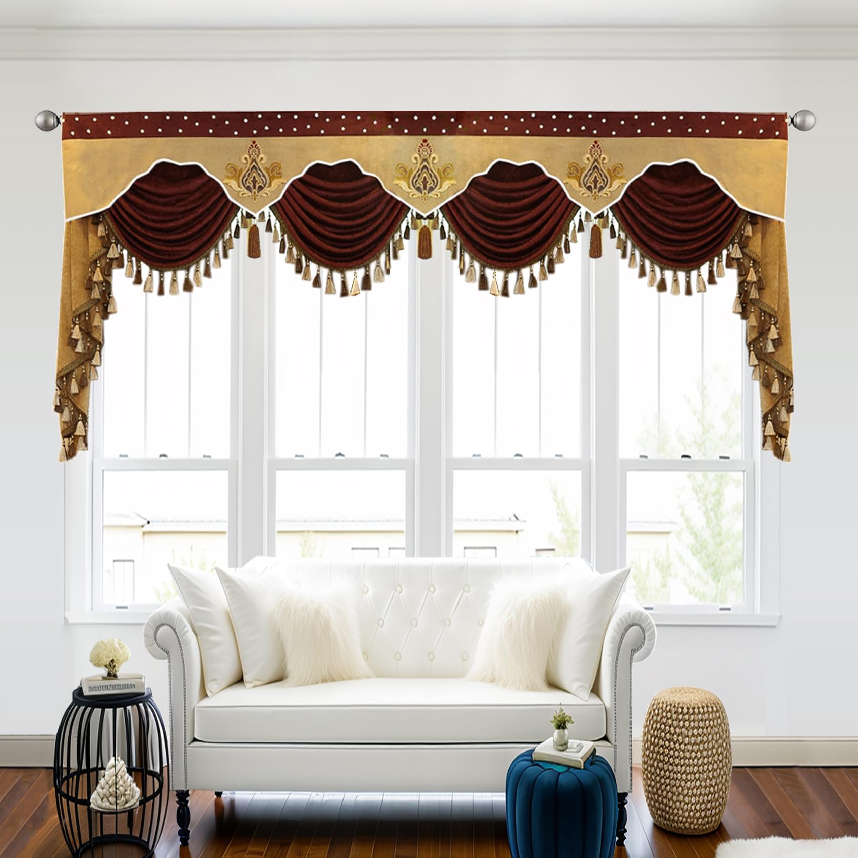 European Brown Burgundy Waterfall Valance with Tassel - Chenille Curtain Swag for Living Room Windows - Elegant Home Decor for Bedroom & Dining Room