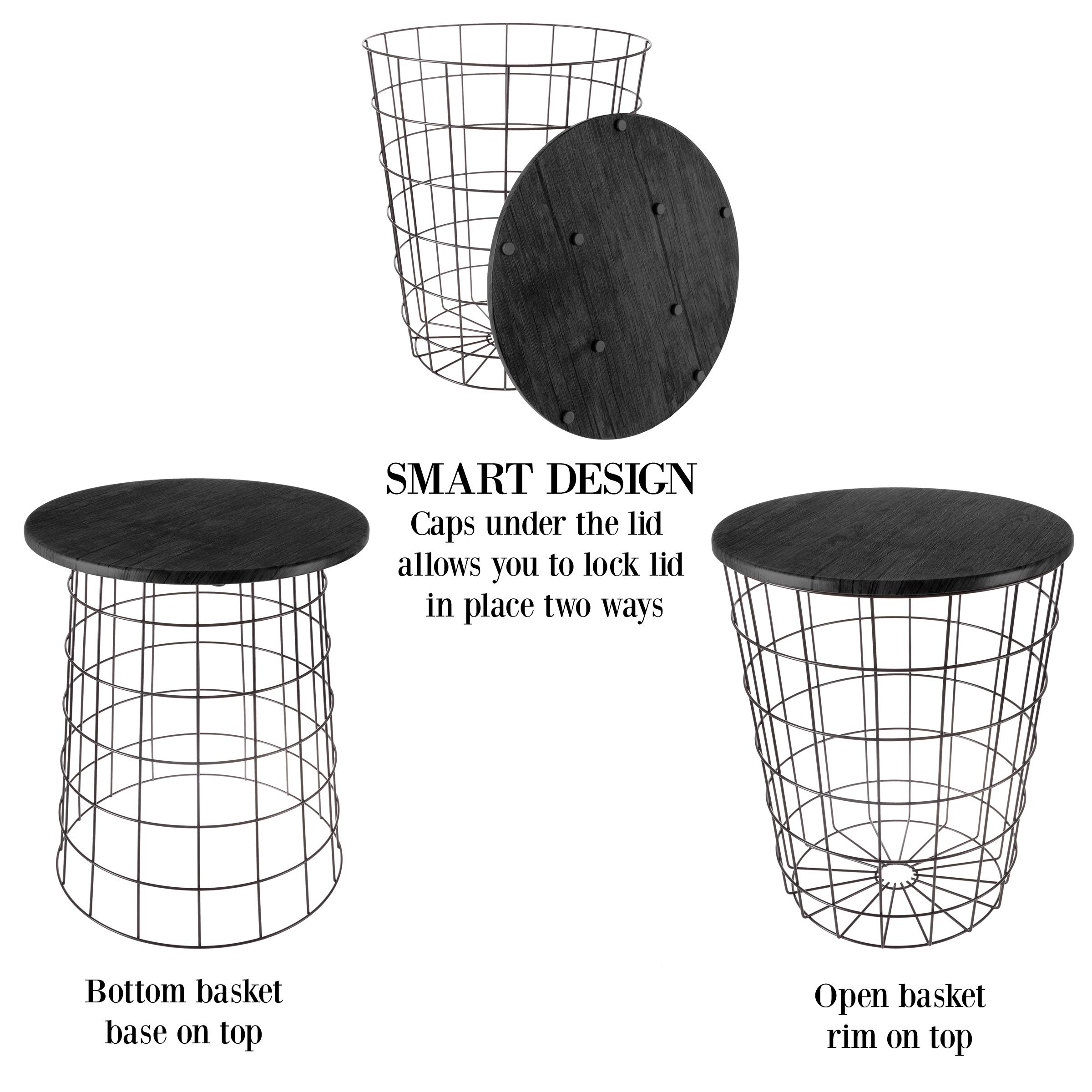 Lavish Home 2-Piece Round Nesting End Tables Set with Removable Wood Tops & Metal Basket Bases - Blanket Storage Side Tables for Living Room, Bedroom, Home Office - Perfect for Small Space Organization & Stylish Home Decor (Black)
