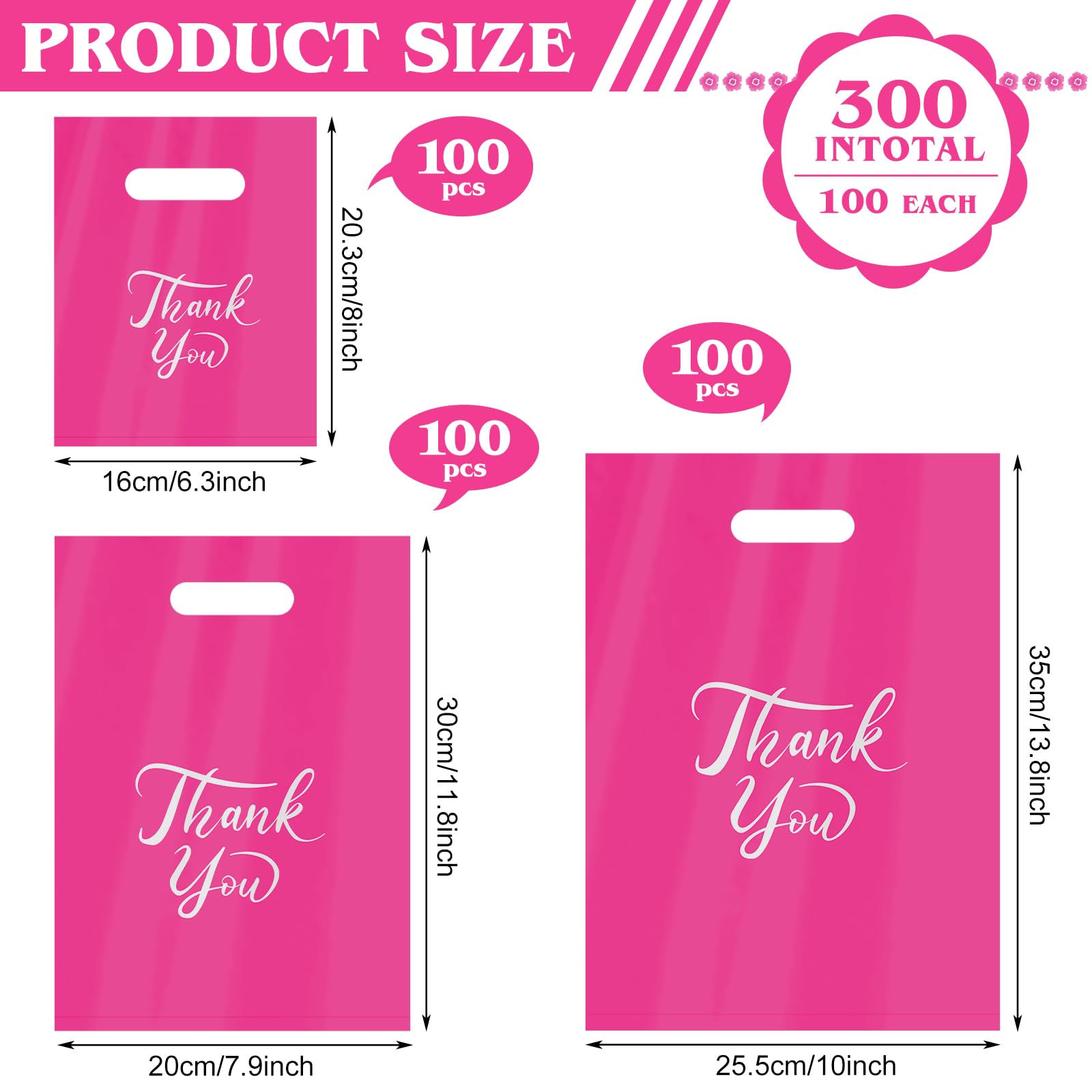 300 Pcs Thank You Merchandise Bags - 3 Sizes Small Business Shopping Bags with Handles, Plastic Gift Bags for Retail, Bulk Wedding Party Favors & Goodie Bags - Perfect for Store Packaging, Events & Wholesale Distribution