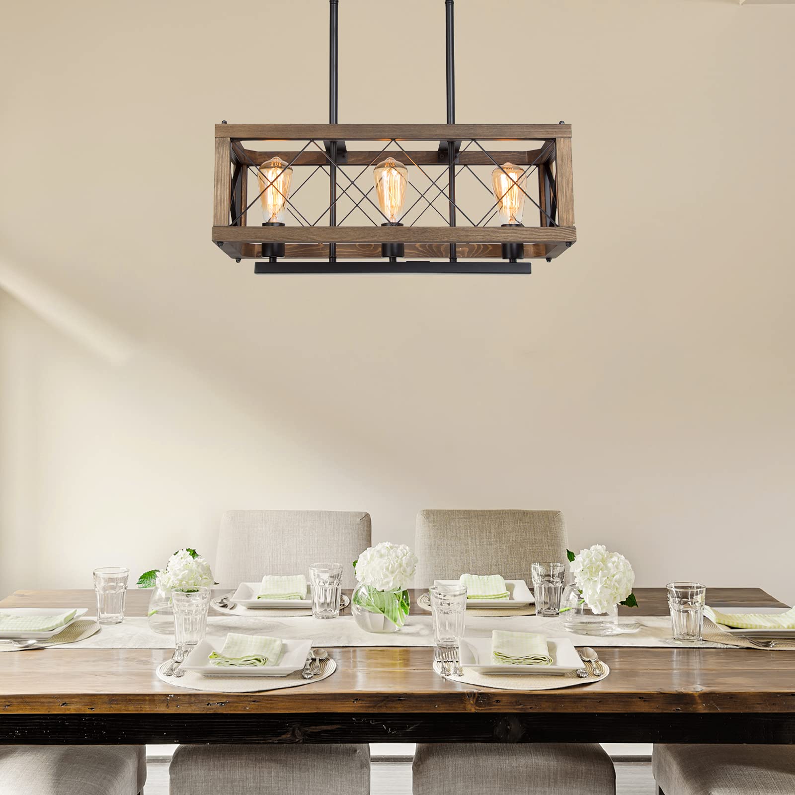 LALUZ Modern Farmhouse Chandelier - 3-Light Dining Room Pendant Lighting, 24 Inch Rectangular Rustic Wood & Black Metal Chandelier for Kitchen Island, Breakfast Nook & Farmhouse Decor