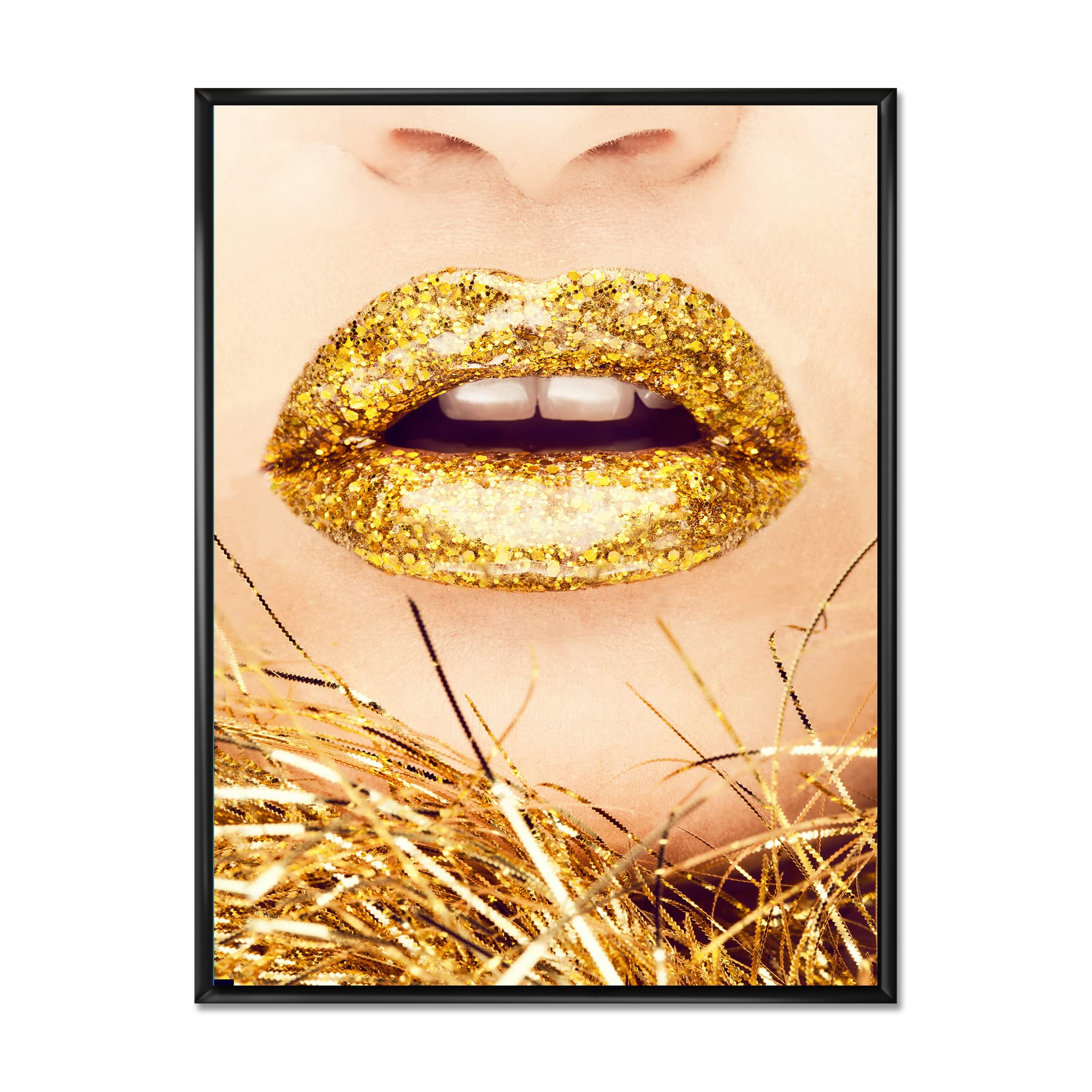 Golden Woman Lips Close-Up - Modern Framed Canvas Wall Art Print for Living Room, Bedroom & Office Decor