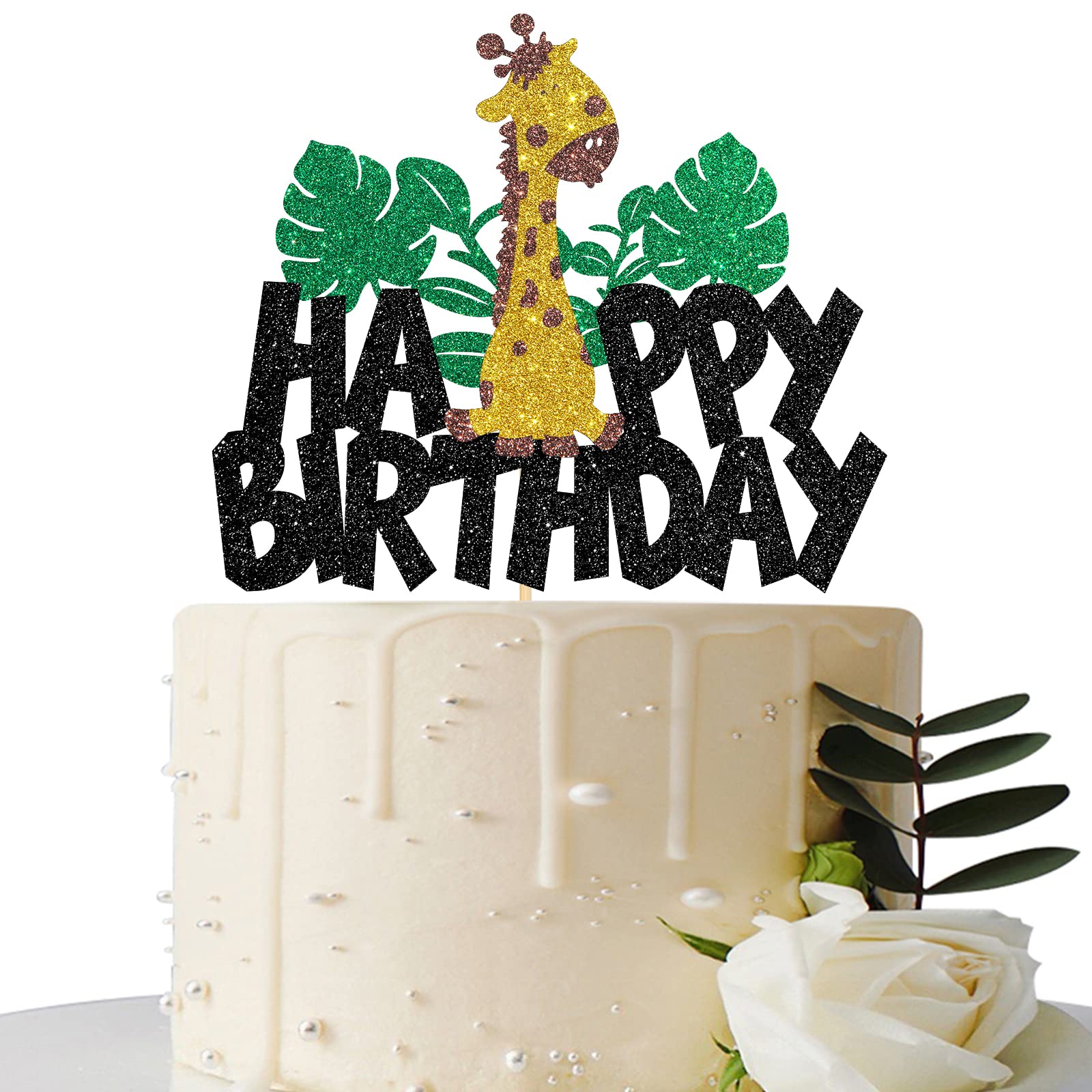 Giraffe Birthday Cake Topper - Zoo Themed Happy Birthday Decor for Kids, Boys & Girls 1st & 2nd Birthday Parties - Black Glitter Baby Shower Cake Decoration - Perfect for Jungle Theme, Safari Birthday Cakes & Wild Animal Party Supplies