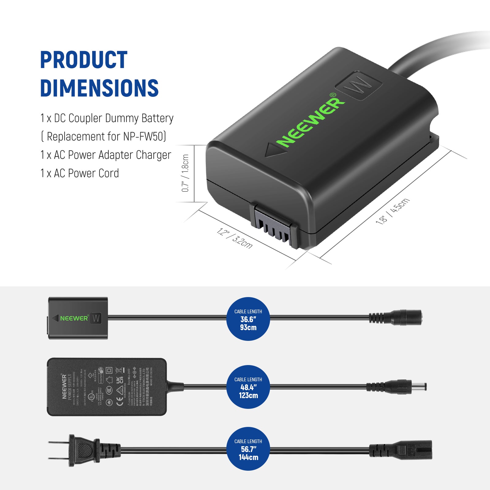 NEEWER NP-FW50 Coupler Dummy Battery for Sony Cameras - Power Adapter for Continuous Shooting, Vlogging, and Studio Photography
