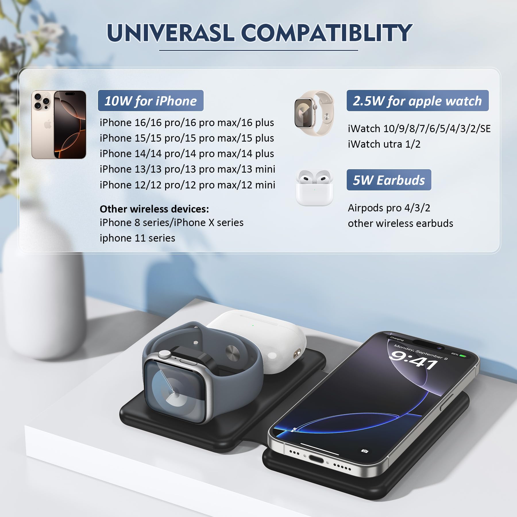 3-in-1 Magnetic Wireless Charging Station for iPhone 16/15/14/13/12 Pro Max Plus, Apple Watch Series & AirPods - Foldable Fast Charger Pad for Multiple Apple Devices - Perfect for Home, Office & Travel Use