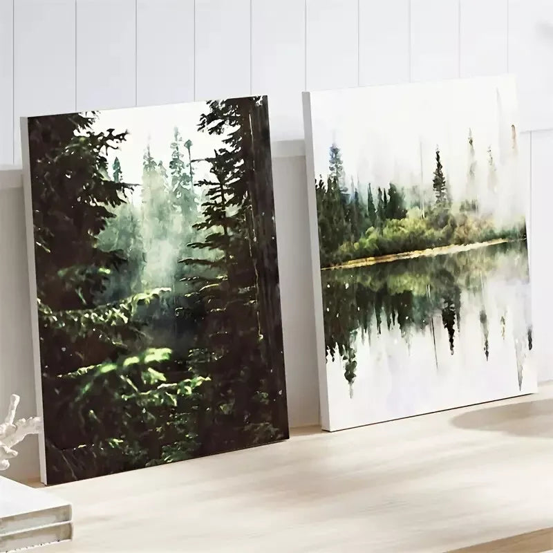 2pcs Framed Watercolor Forest Landscape Canvas Print - Green Foggy Trees Wall Art 50x75cm, High Quality Australian Made, Ready to Hang - Perfect for Living Room, Bedroom & Office Decor