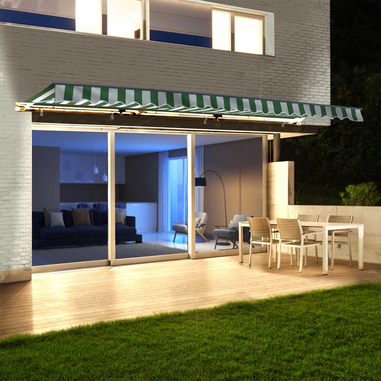 ALEKO 10x8 Feet Half Cassette Motorized Retractable LED Patio Awning - Green & White Stripes Luxury Outdoor Shade for Deck, Garden, and Poolside Relaxation