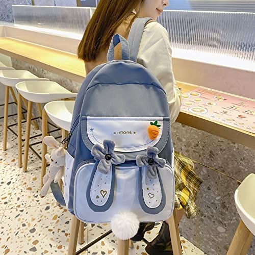 Cute Bunny Ear Backpack with Bear Pendant - Kawaii School Bag for Girls, Teens | Large Capacity Book Bag for Students, Travel, College (J-Blue) | Perfect for School, Travel, Shopping & Daily Use