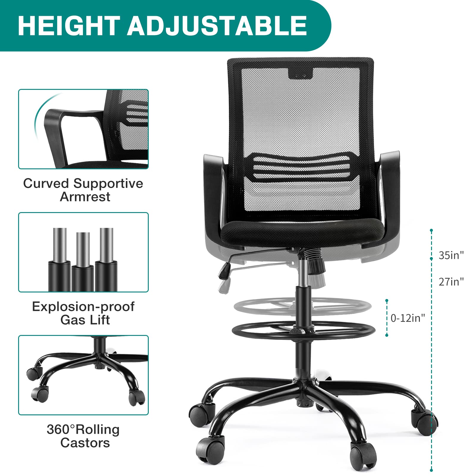 OLIXIS Adjustable Drafting Chair - Ergonomic Standing Office Chair with Lumbar Support, Height Adjustable & Breathable Mesh Seat, Foot Ring - Dark Black for Architects, Designers & Home Office Use