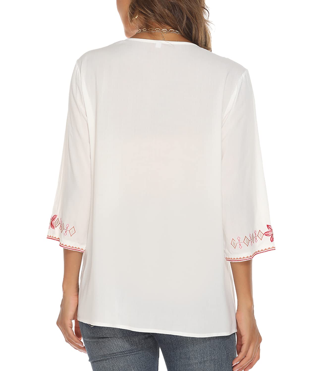 Higustar Women's Mexican Embroidered Bohemian Peasant Blouse - 3/4 Sleeve Boho Tunic Top for Festivals, Beach & Casual Wear | Hippie Style Summer Shirt