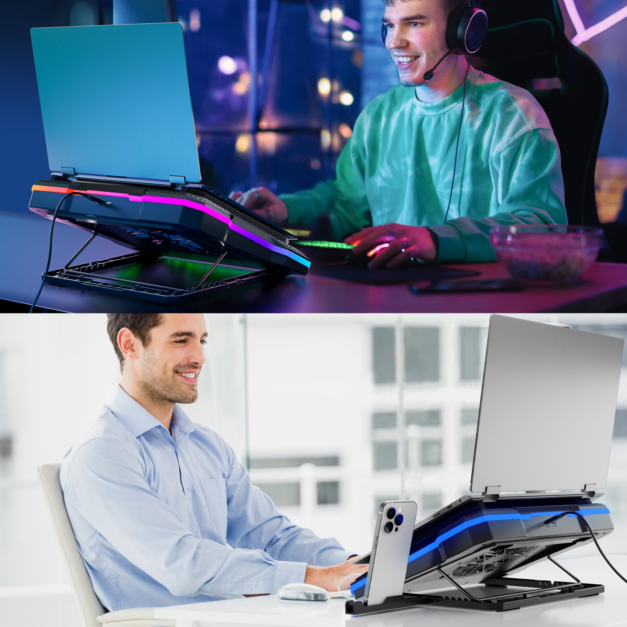 Powerful Turbo Fan RGB Gaming Laptop Cooling Pad with 8 Adjustable Heights & Phone Holder - Blue LED Light for 14-19 Inch Notebooks | Perfect for Gaming, Work & Home Office Use