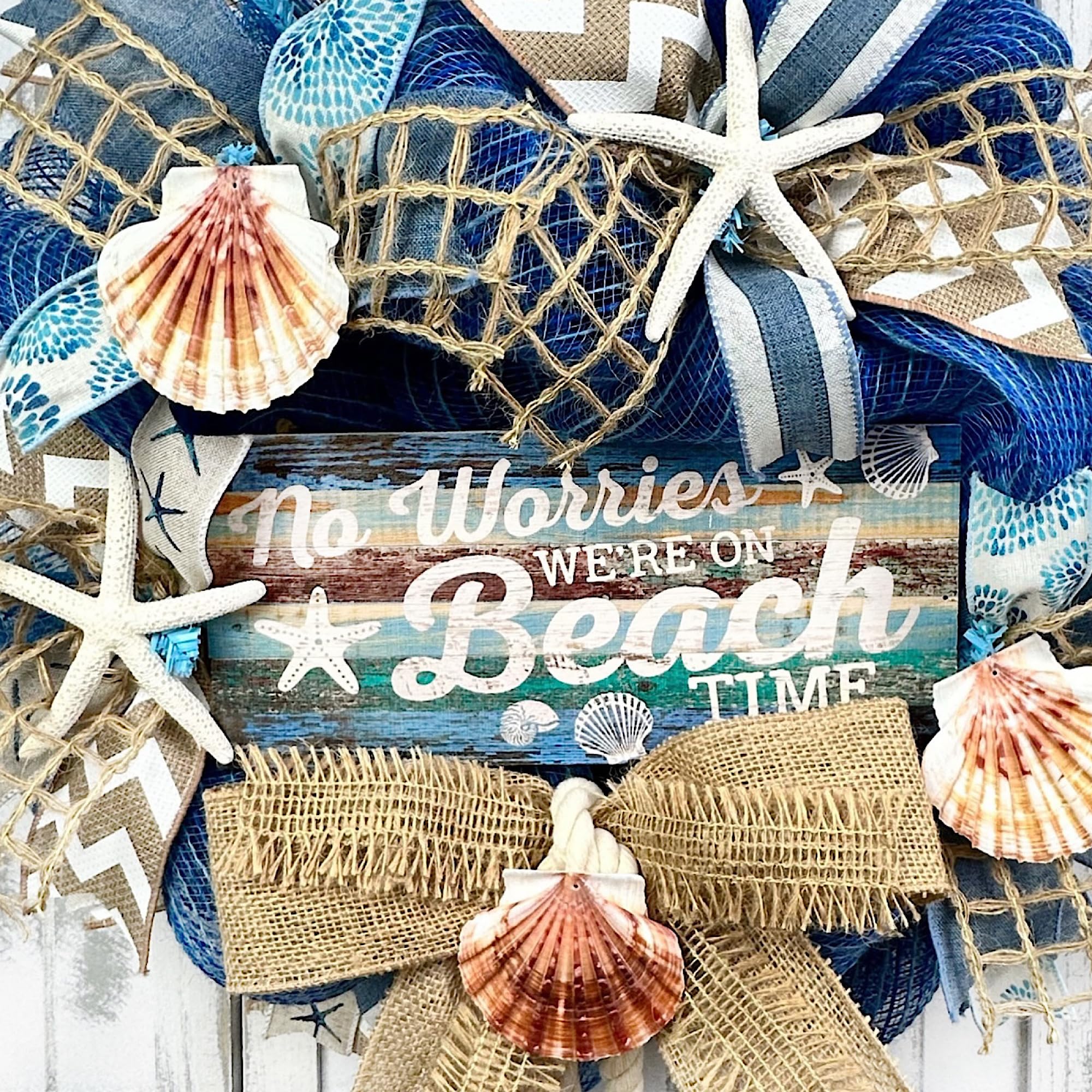 Handmade Blue Burlap Coastal Wreath with Nautical Rope, Starfish & Seashells - 'No Worries We're On Beach Time' Decor for Beach House, Porch or Tropical Home Décor