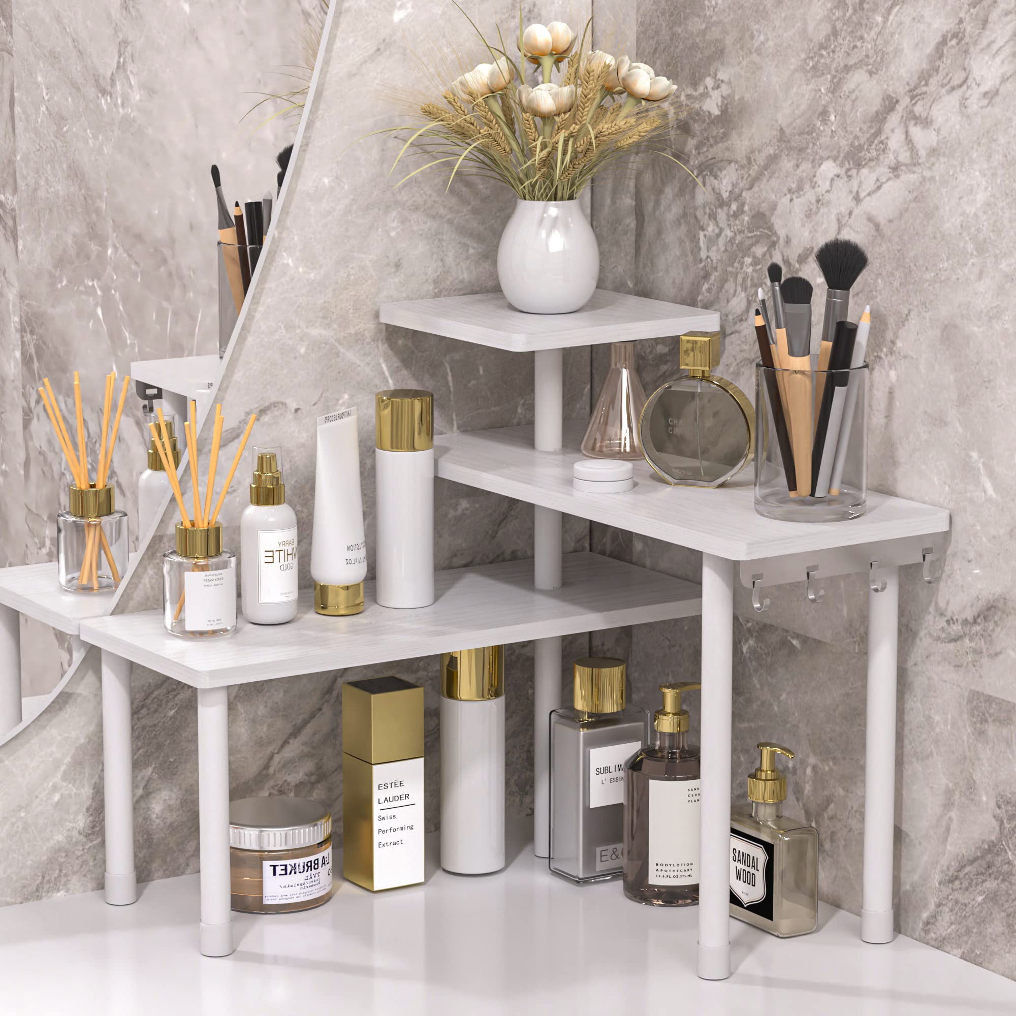 JayRex 3-Tier Bathroom Organizer Shelf - Adjustable Corner Countertop Storage for Makeup, Cosmetics, Skincare | Perfect for Vanity, Dresser, Bedroom & Bathroom Organization (White)
