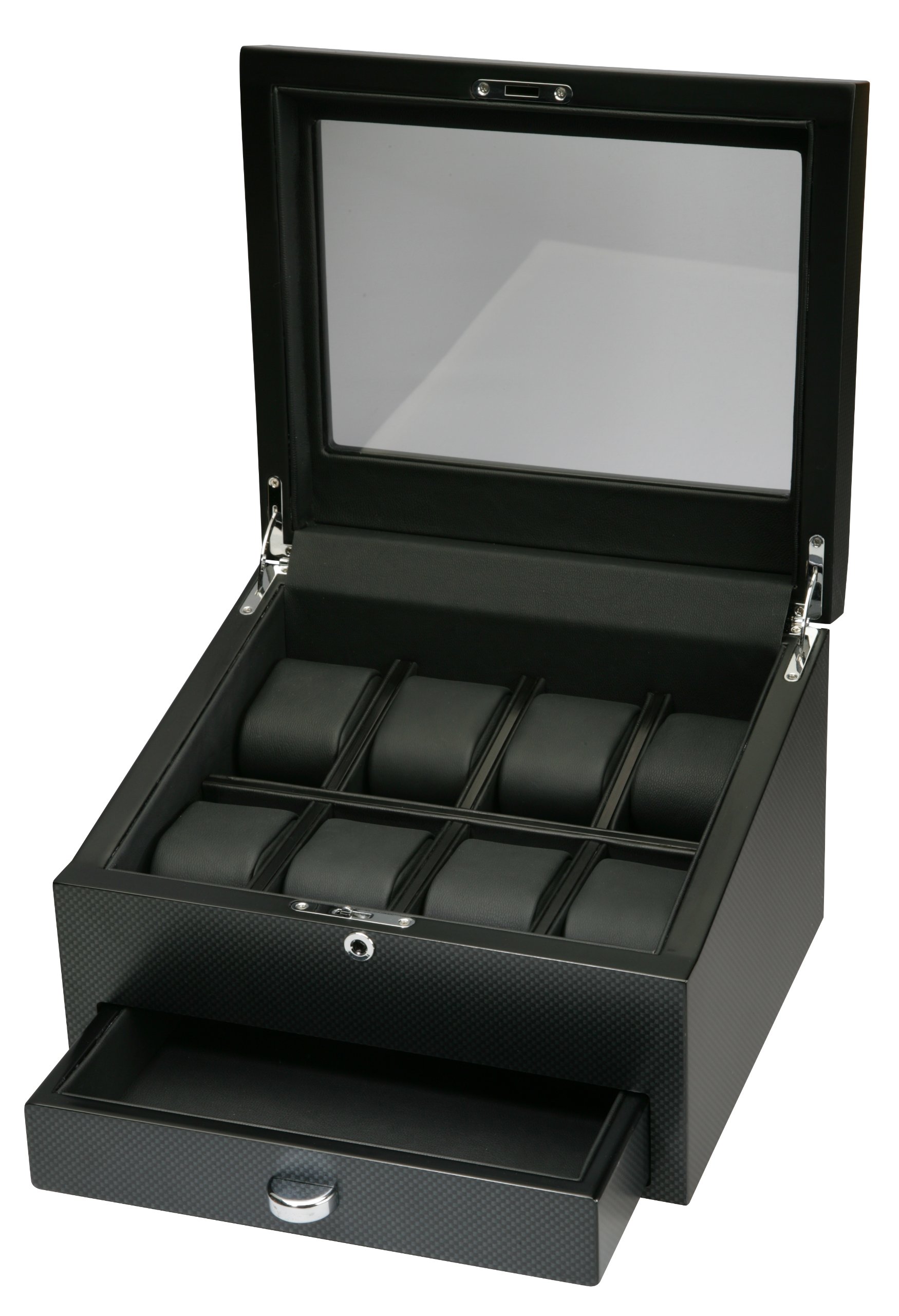 VOLTA Carbon Fiber Watch Case for 8 Watches - Black Lockable Jewelry Storage Box with Drawer, Modern Style - Perfect for Watch Collectors, Travel & Home Display