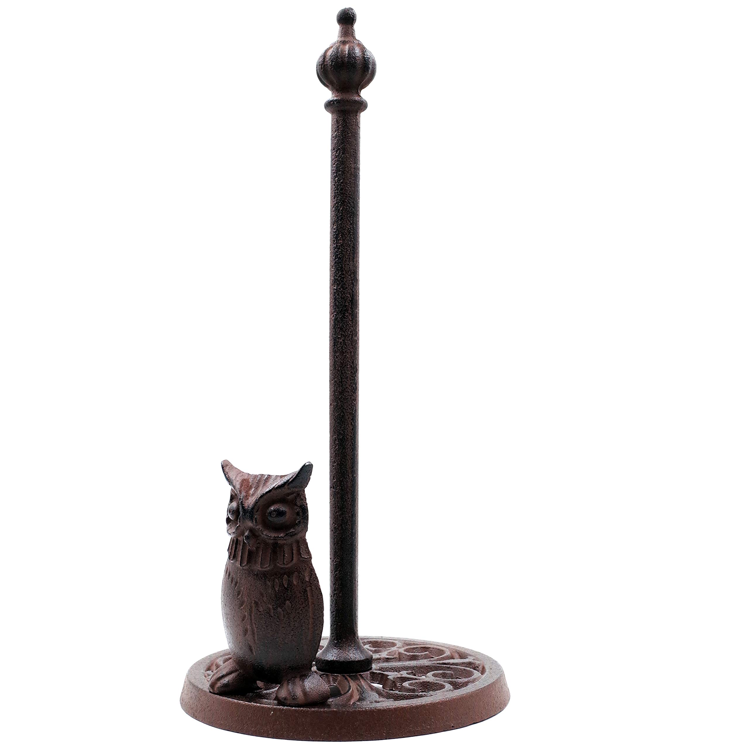 Vintage Cast Iron Owl Paper Towel Holder - Non-Slip Base Kitchen & Bathroom Towel Stand - Antique Brown Home Decor for Farmhouse, Rustic, Vintage Style Kitchens