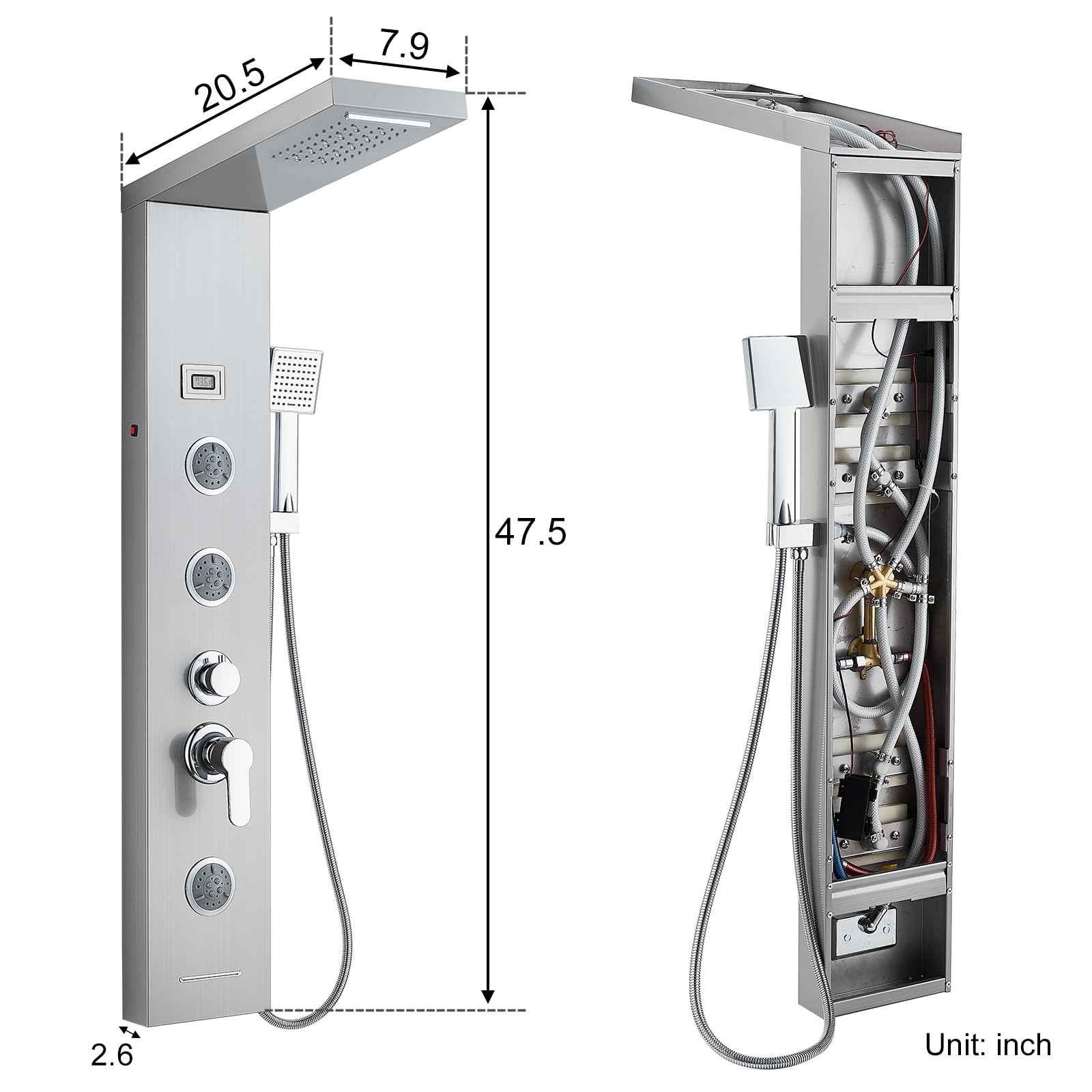 5 in 1 Shower Panel Tower System with LED Lights - Rainfall & Waterfall Shower Head, 3 Adjustable Body Jets, Handheld Shower & Tub Spout (Brushed Nickel) - Luxury Bathroom Upgrade for Spa-Like Experience at Home
