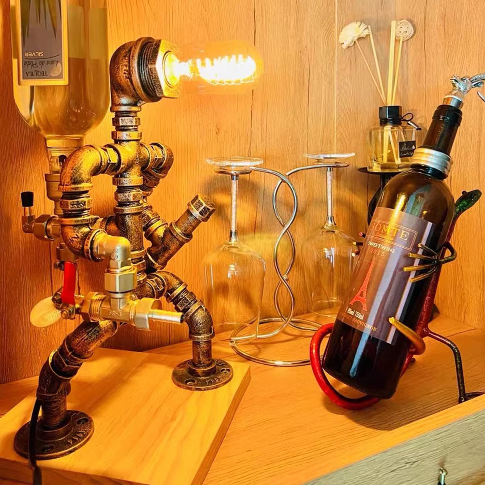 Steampunk Whiskey Liquor Dispenser with Wooden Base - Industrial Table Lamp & Fireman Pipe Robot Decor for Home Bar, Restaurant, Cafe - Unique Man Cave & Rustic Style Gift for Men - Perfect for Art Parties, Themed Events & Vintage Decor