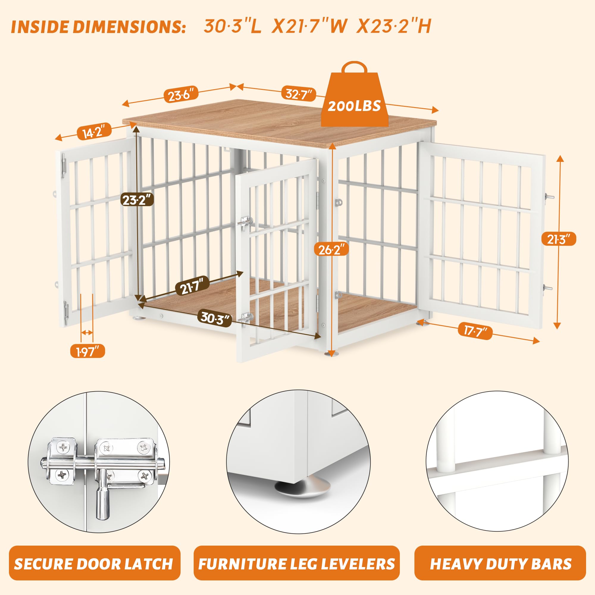 Heavy Duty Wooden Dog Crate Furniture for Small & Medium Dogs - Decorative Pet House End Table with Kennel - Indoor White & Natural Dog Cage for Living Room, Bedroom or Office