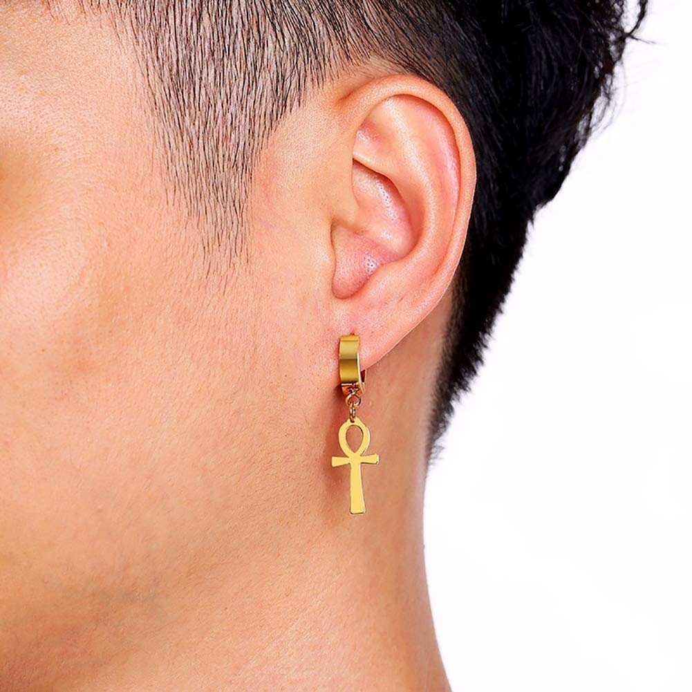 Egyptian Cleopatra Ankh Cross Dangle Hoop Earrings - Stainless Steel Tassel Chain Clip-On Jewelry for Men & Women (Gold) | Perfect for Costume Parties, Boho Fashion & Unique Gift Giving