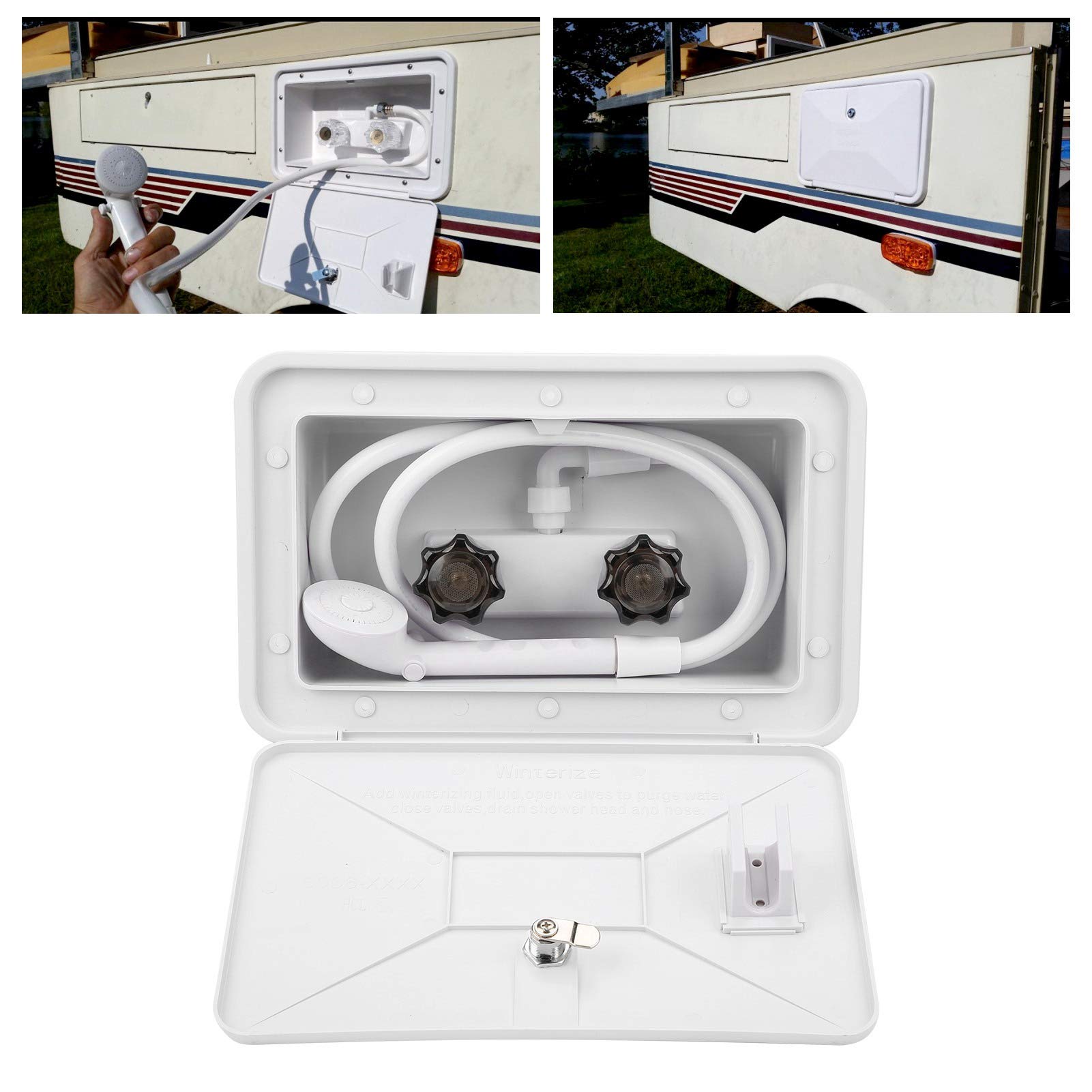 RV Exterior Shower Box Kit - Outdoor Washing System with 2 Keys, Faucet, Hose, Shower Head & Bracket for Boat, Motorhome & Camper | Perfect for Camping, RV Trips & Outdoor Adventures