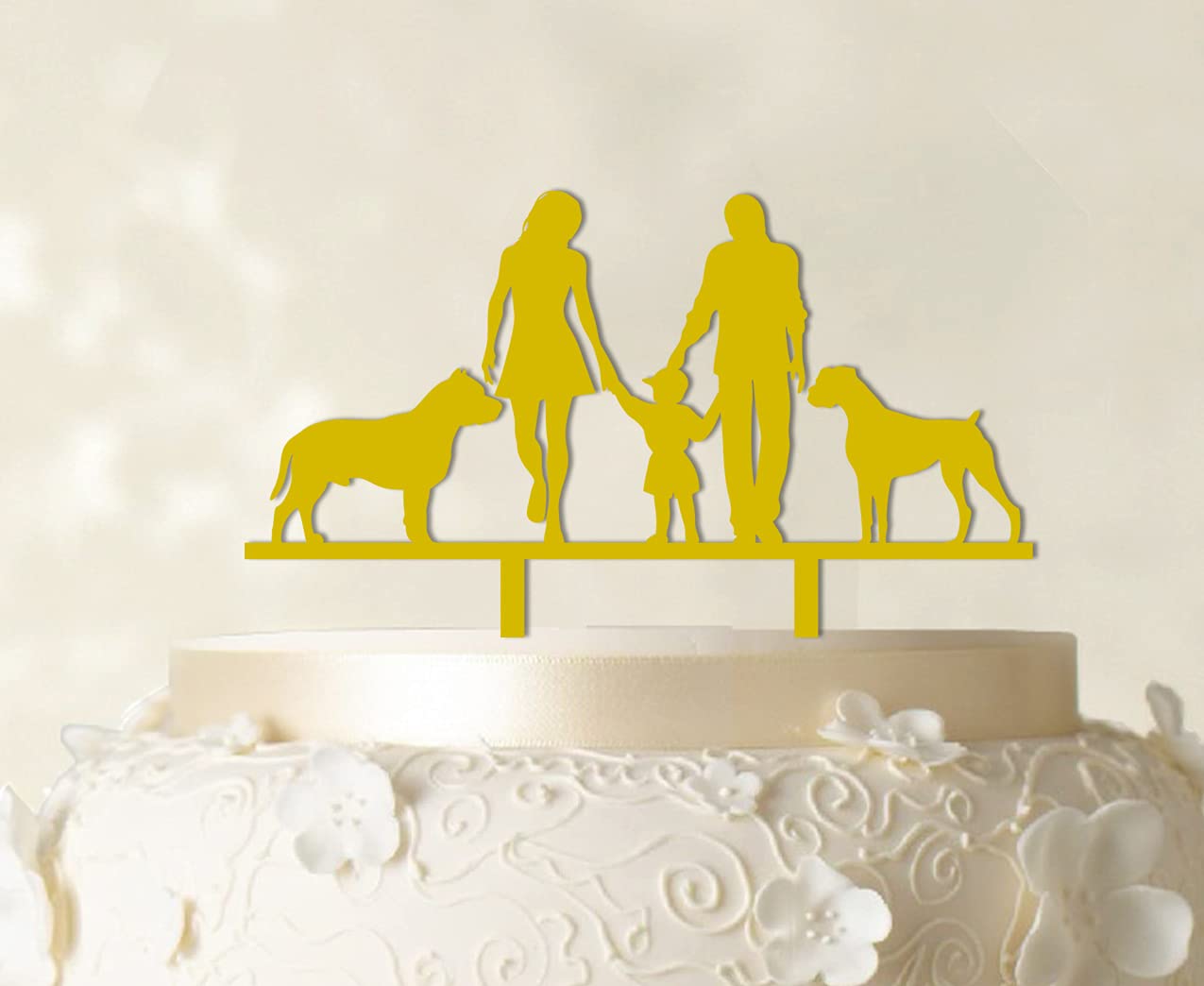 Custom Wedding Cake Topper with Family Silhouette - Bride, Groom, Child & Pets - 6