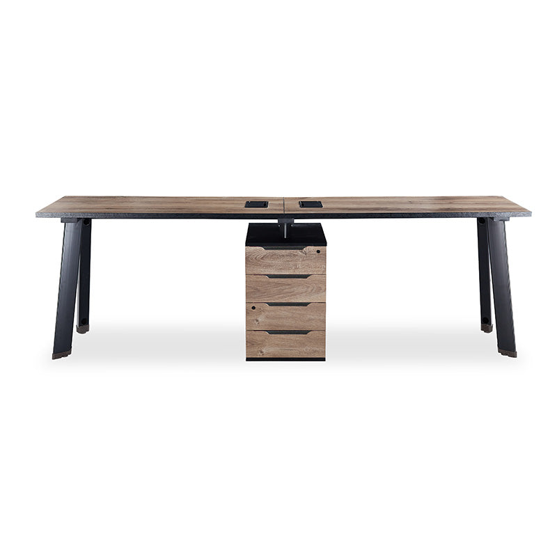 2-Person Workstation Desk with Cabinet - 2.4M Warm Oak & Black Finish - Perfect for Home Office & Shared Workspaces