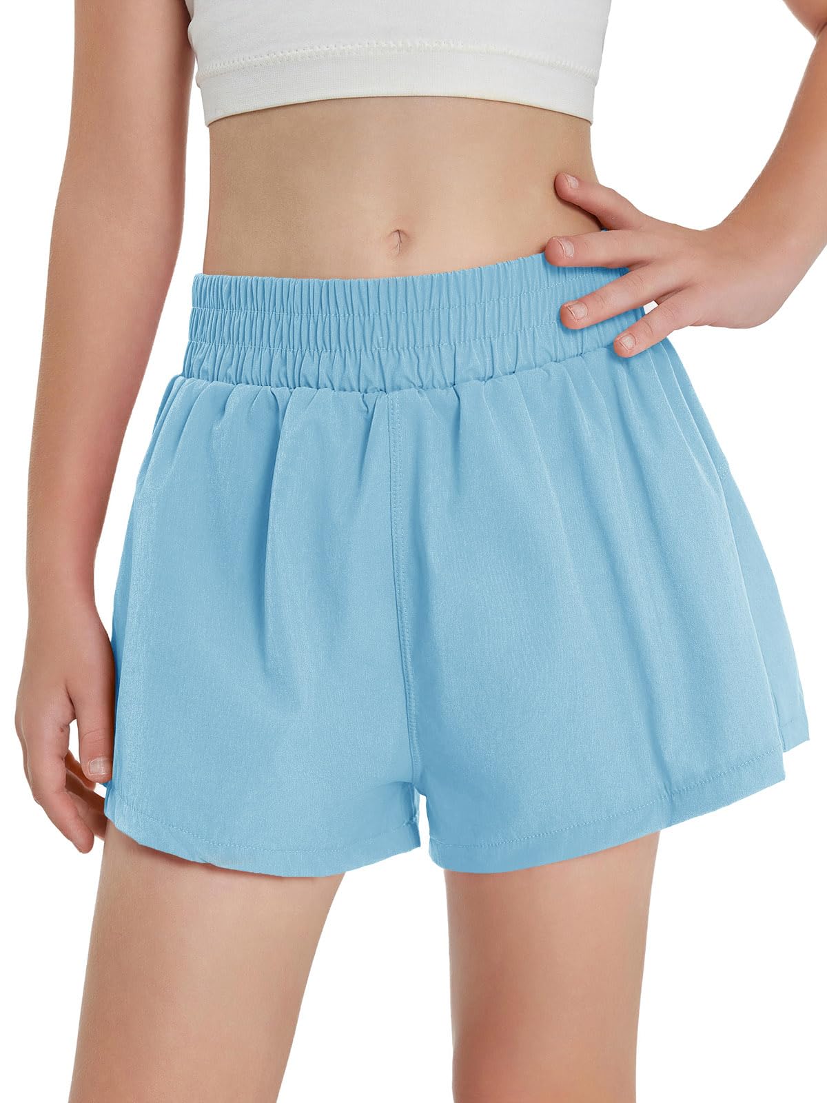 Haloumoning Girls Athletic Shorts - High Waist Elastic 2-in-1 Running Shorts with Side Pockets for Kids 5-14 Years | Perfect for School PE, Track Practice & Summer Play