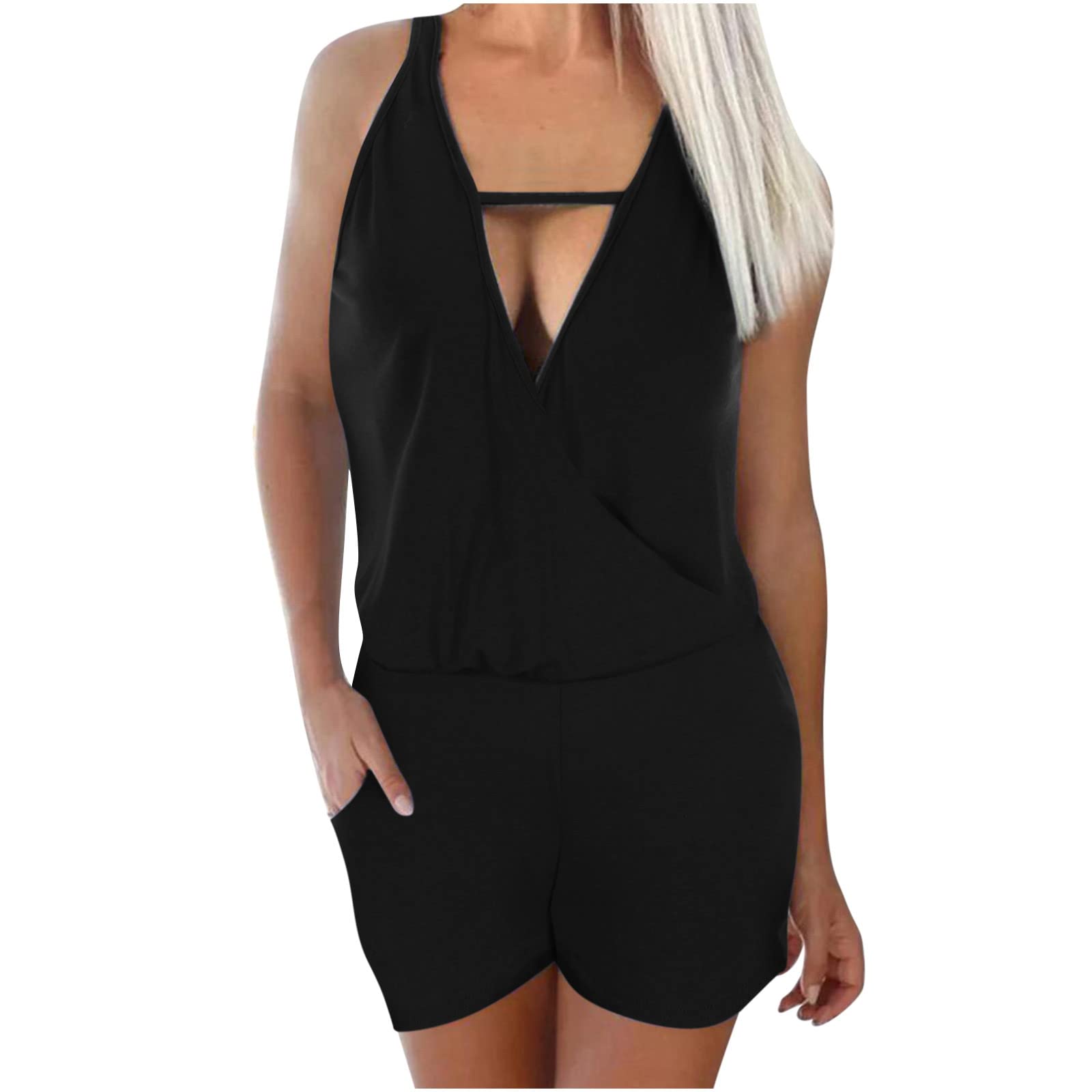 Posijego Women's Casual Overalls - Sexy Paperbag Waist Sleeveless V-Neck Tank Jumpsuit | Loose Fit Camisole Romper for Summer, Beach, and Daily Wear