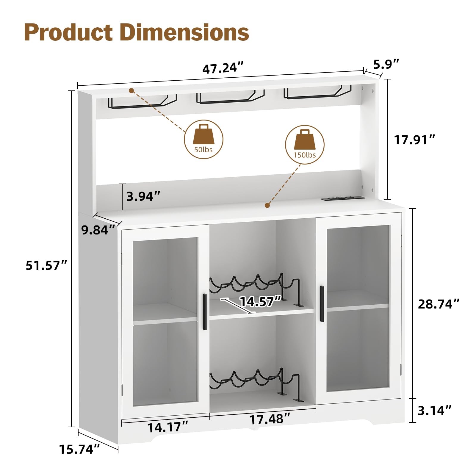 White Wine Bar Cabinet with LED Lights & Power Outlet - Home Liquor Storage Cabinet with Glasses Holder for Living Room, Dining Room & Home Bar - Perfect for Entertaining & Stylish Home Decor
