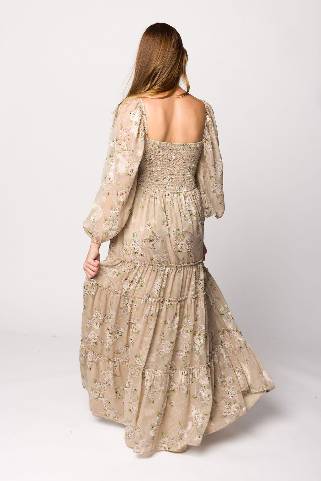 Elegant Daphne Long Sleeve Maxi Dress in Beige Multi Floral Print - Bump Friendly & Inclusive Sizing (XS-3XL) | Perfect for Maternity, Weddings & Special Occasions