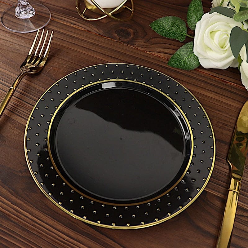 10 Pack Black Round Plastic Salad and Dinner Plates with Gold 3D Dotted Rim - Disposable Party Tableware for Weddings, Birthdays, and Events