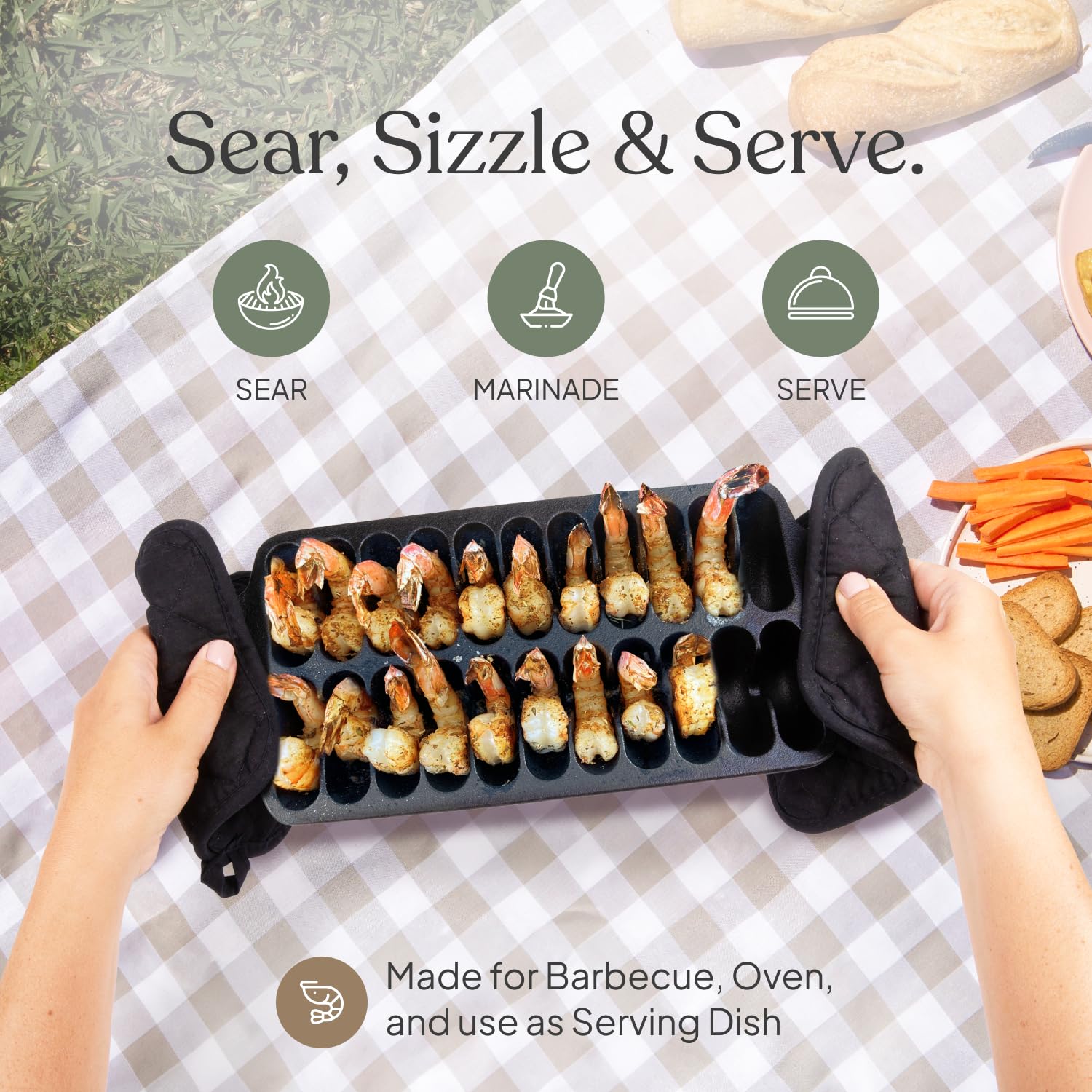 TOMO Cast Iron Shrimp Grill Pan - Heavy Duty Skillet for BBQ, Seafood & Vegetables - Perfect for Grilling, Roasting & Searing - Indoor & Outdoor Cooking