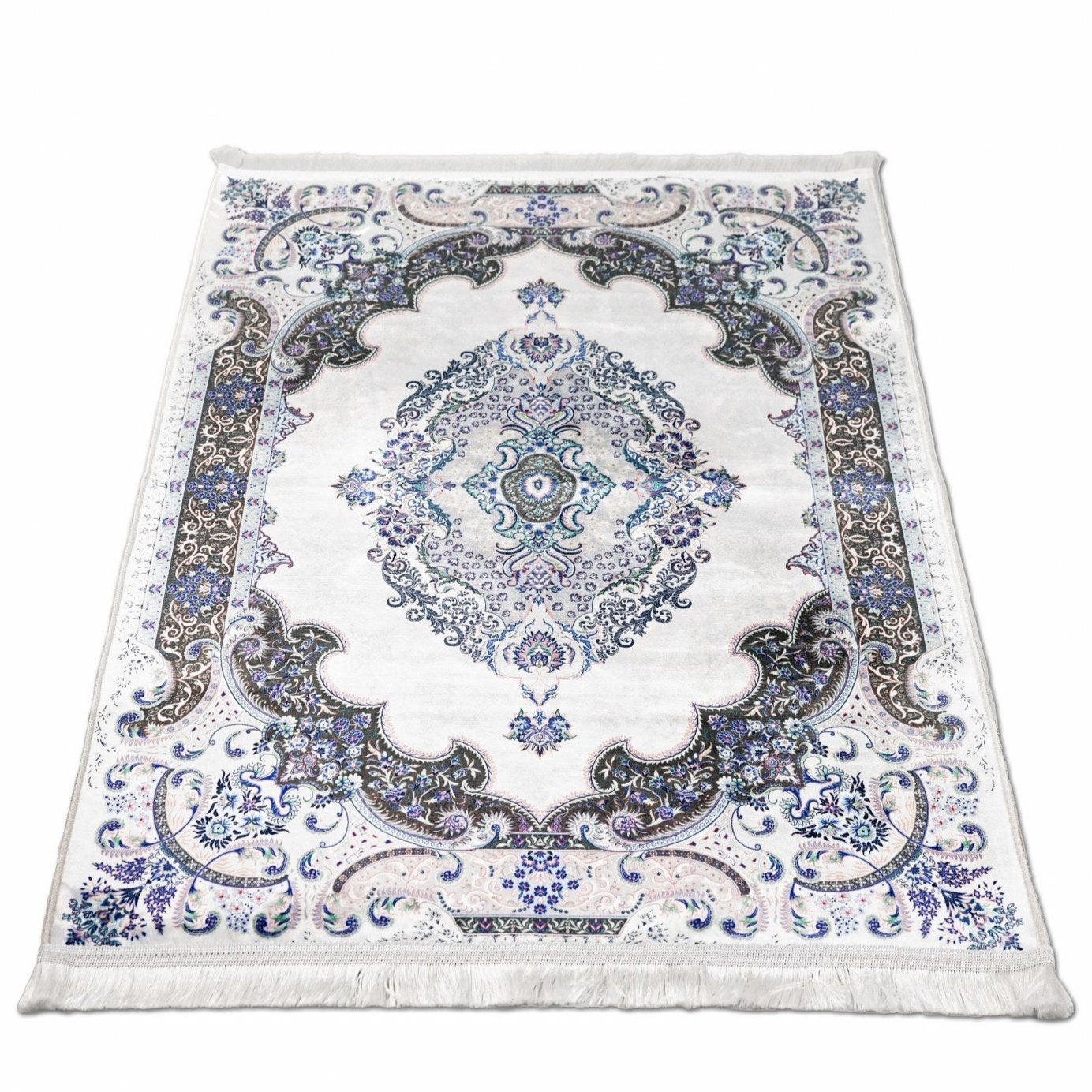 Premium Muslim Prayer Mat - White & Blue Diamond Design for Home, Mosque & Travel - Non-Slip & Portable Islamic Prayer Rug
