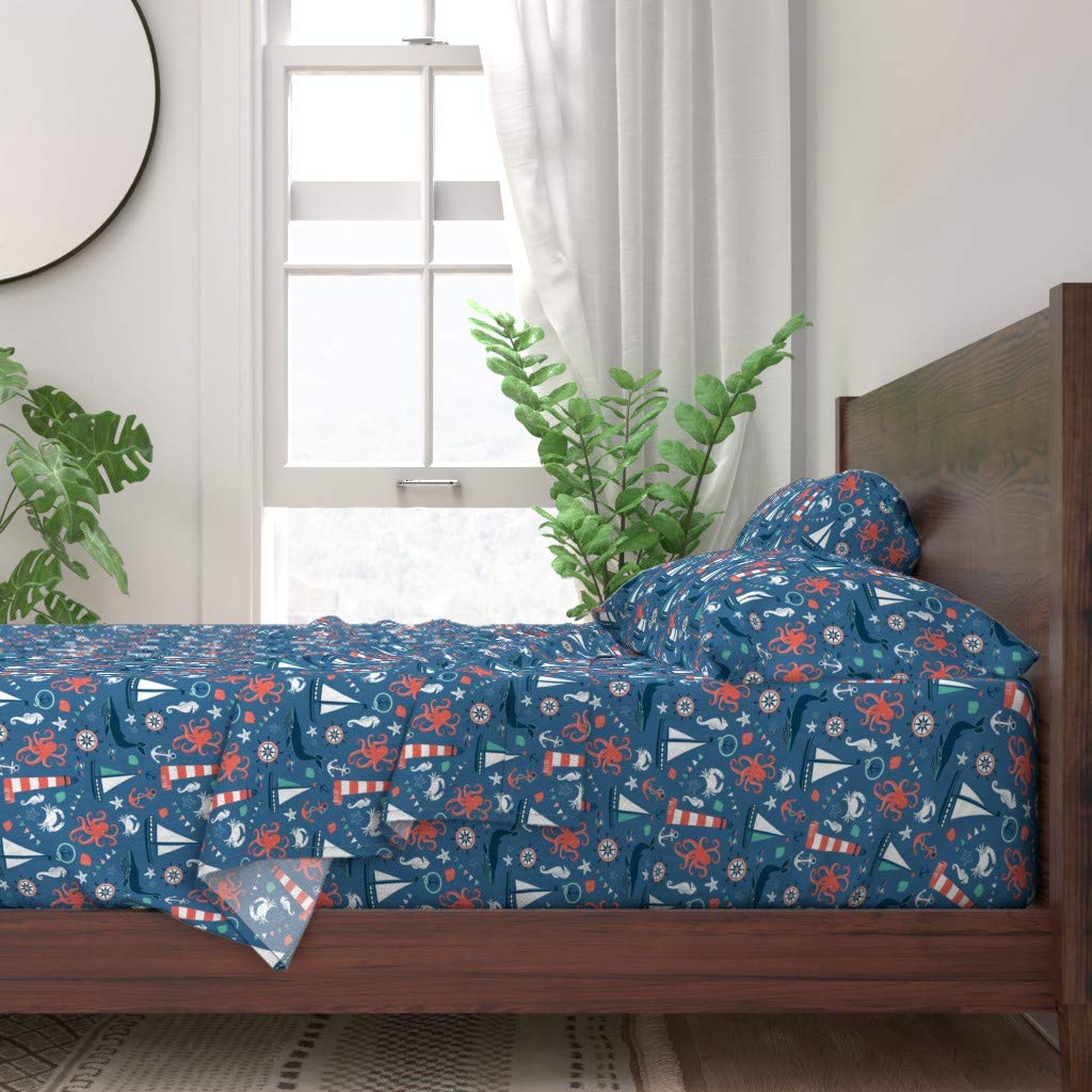 100% Cotton King Size 4-Piece Sheet Set - Nautical Ocean Theme with Octopus, Whale, Fish & Boat Print | Custom Bedding for Coastal & Beach House Decor | Perfect for Guest Rooms, Vacation Homes & Maritime Themed Bedrooms
