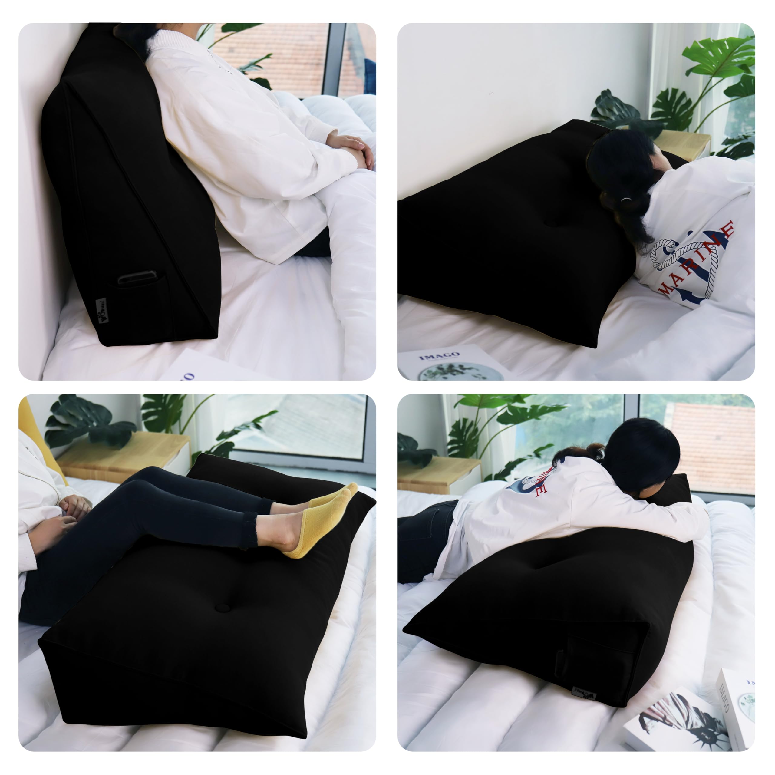 WOWMAX Queen Size Triangular Bed Wedge Pillow for Headboard - 85% Linen 15% Cotton Blend with Removable Cover (Black) - Perfect for Daybeds, Bunk Beds & Back Support While Reading or Watching TV in Bed