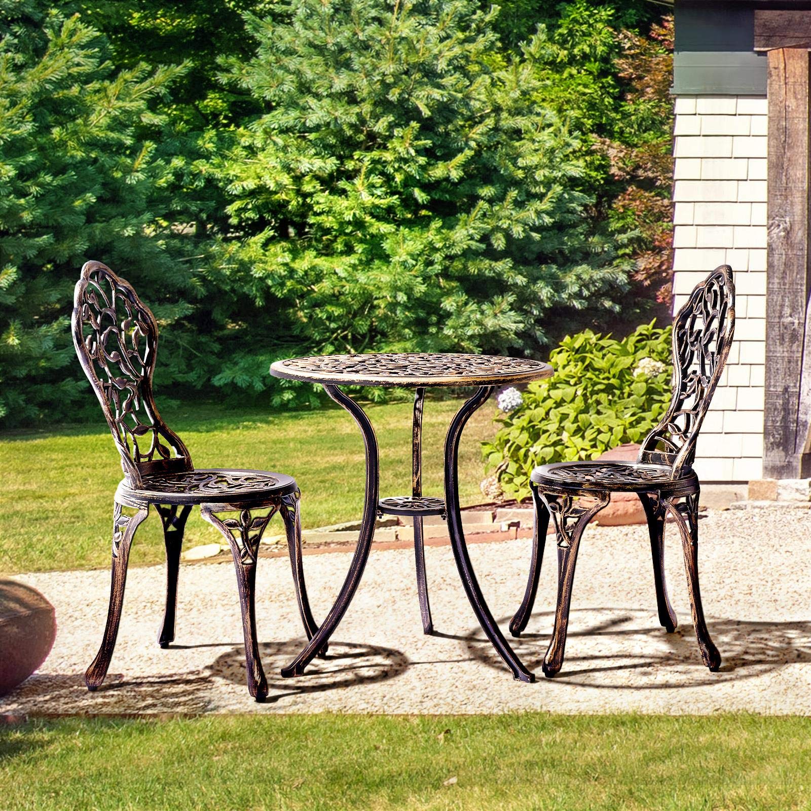Topeakmart 3-Piece Bistro Set with Round Table and 2 Chairs, Antique Weather-Resistant Outdoor Patio Furniture with Rose Design - Perfect for Garden, Balcony, and Backyard Relaxation