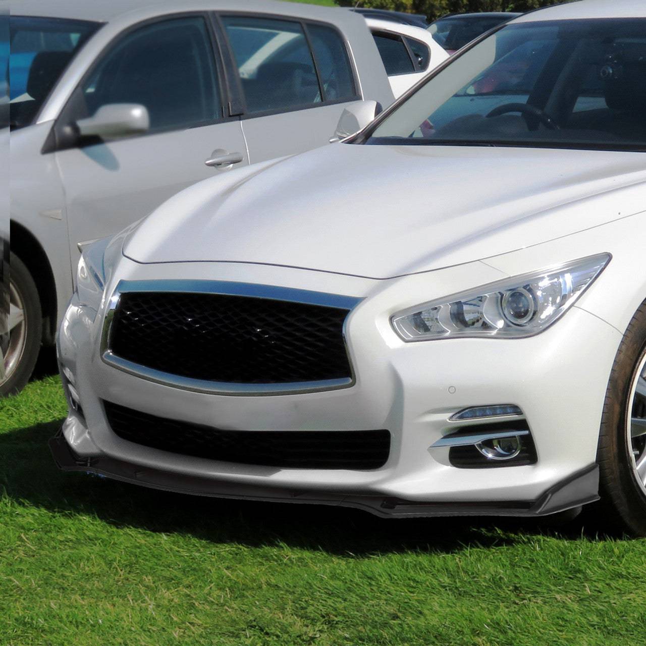 2014-2017 Infiniti Q50 Sport Front Lip Spoiler - 3 Piece Set in Glossy Black or Carbon Fiber Print - Enhance Style & Aerodynamics for Street Racing & Car Shows