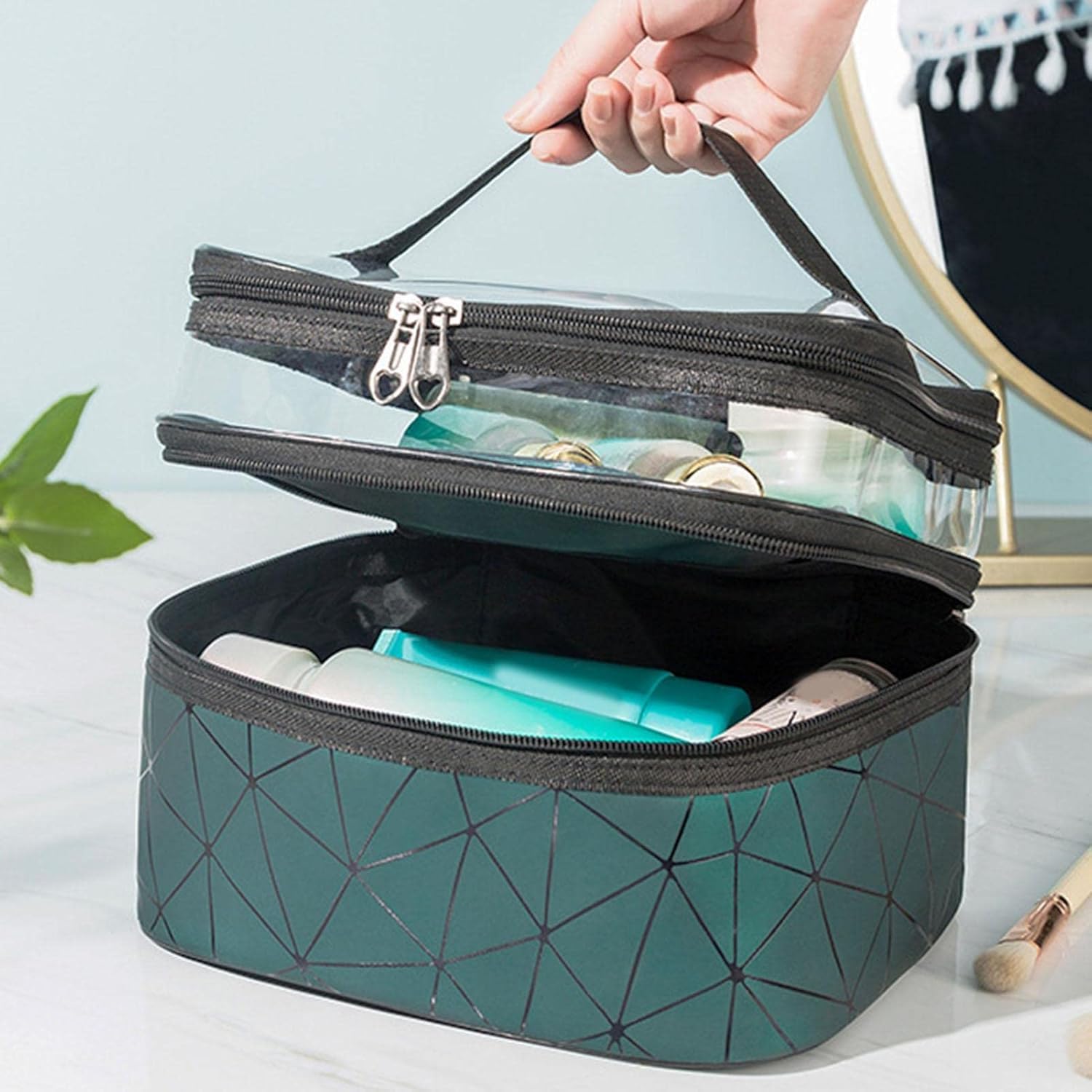 Eopzo Double Layer Waterproof Makeup Bag Organizer for Women - Travel Cosmetic Pouch & Toiletry Case - Perfect for Gym, Vacation, and Daily Use (Green)