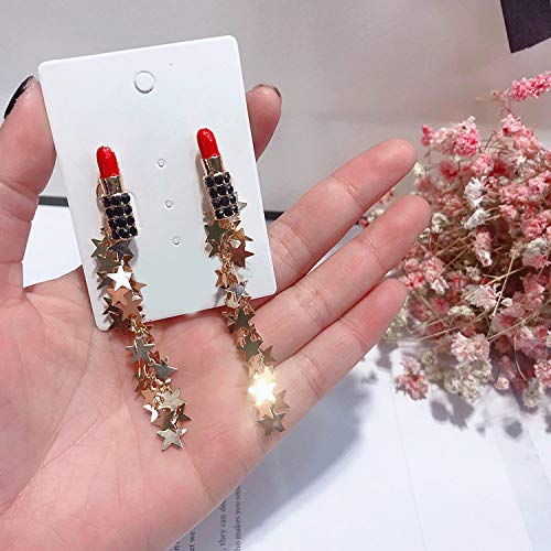 Sexy Red Lipstick Pin Earrings for Women - Long Star Tassel Fringe Drop Dangle Earrings - Wedding & Party Jewelry - Perfect for Date Nights, Prom, and Special Occasions