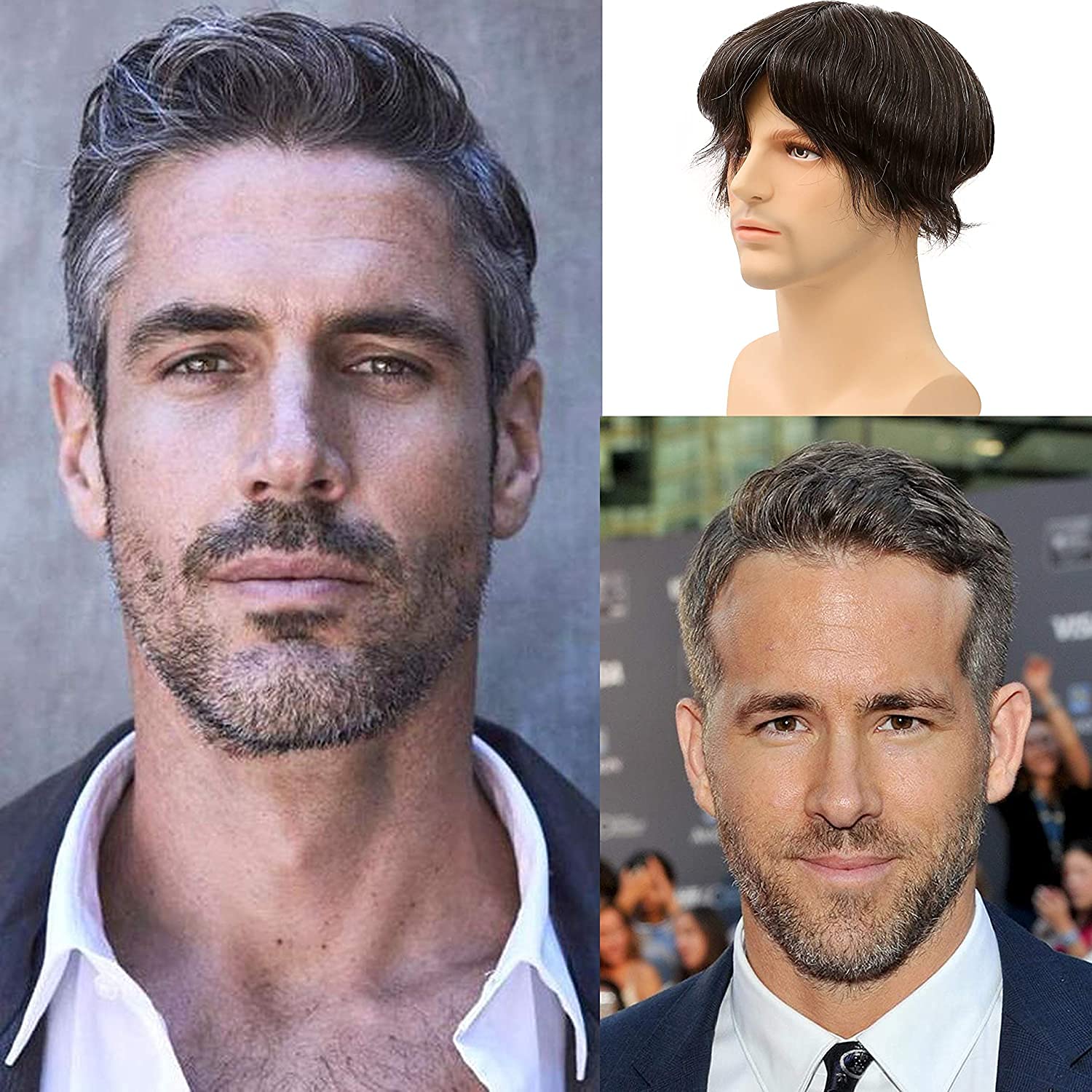 Men's Toupee 0.06mm Ultra-Thin PU Skin Base - 10x8 Inch Hair Replacement System | 100% European Human Hair | Natural 1B Black with 20% Grey Mix | Perfect for Daily Wear & Special Occasions