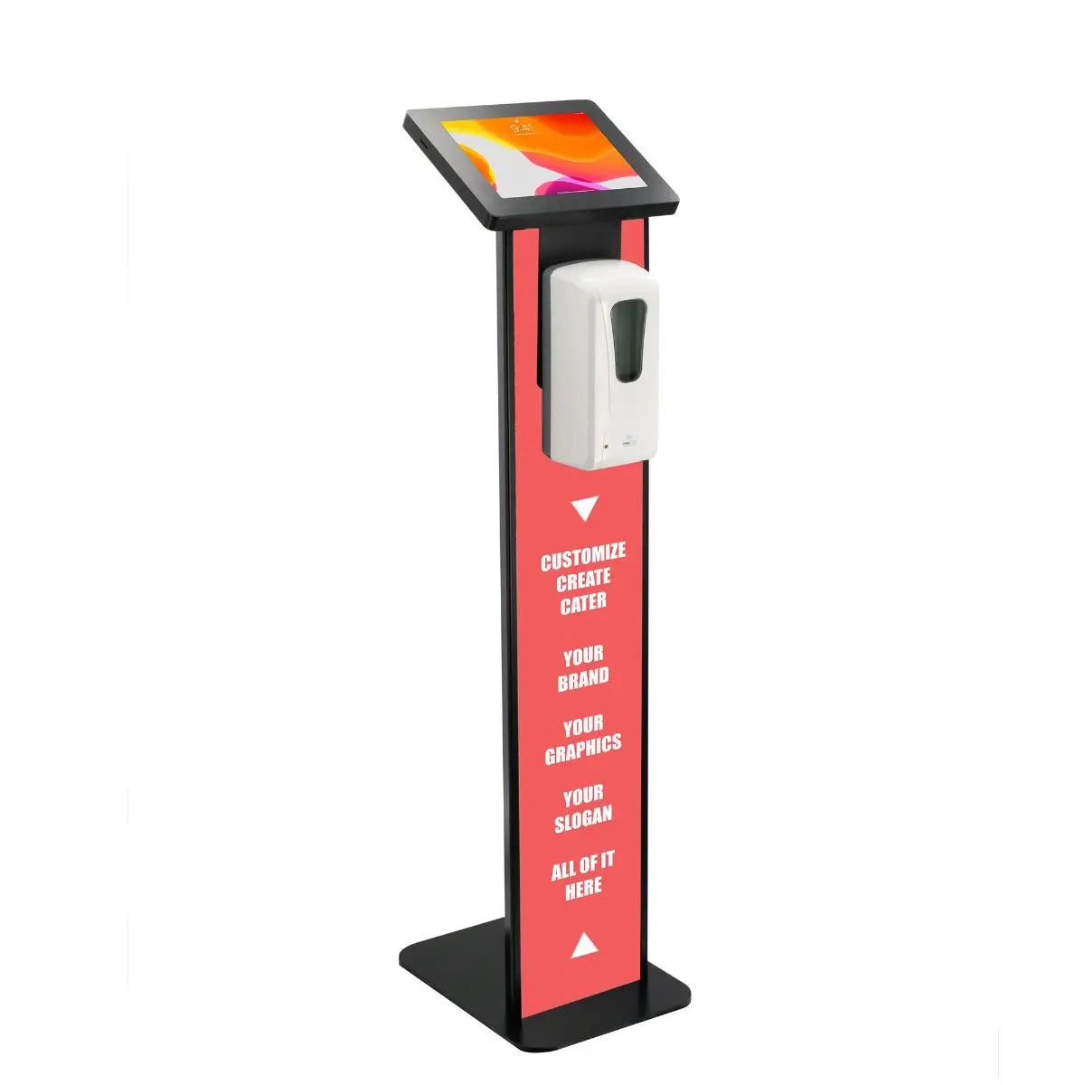 Premium Locking Floor Stand Kiosk with Graphic Card Slot & Automatic Soap Dispenser - Secure Digital Signage Solution for Retail Stores, Malls, and Public Spaces