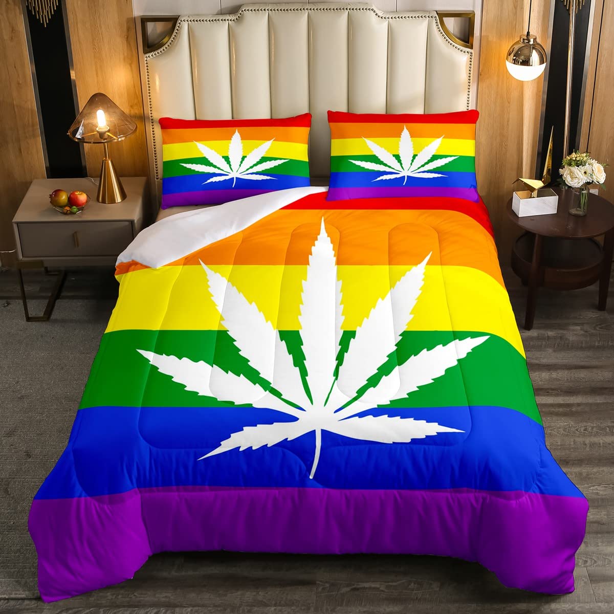 Manfei Full Size Cannabis Leaf Comforter Set - 3 Piece Watercolor Stripe Print Duvet Cover with 2 Pillowcases | Weed Leaf Bedding for Boys Girls Room Decor | Perfect for Stoner Aesthetic, Dorm Room, or Hippie Themed Bedroom