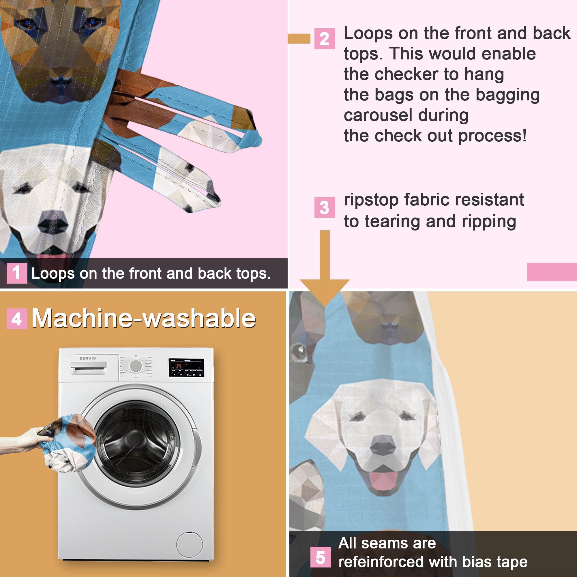 BeeGreen Reusable Foldable Grocery Shopping Bags - 6 Pack Large Washable Cloth Tote Bags with Handles, Cute Dog Print Holiday Gift Bags for Groceries, Heavy Duty Bulk Shopping - Perfect for Grocery Hauling, Farmers Market, and Eco-Friendly Gift Giving
