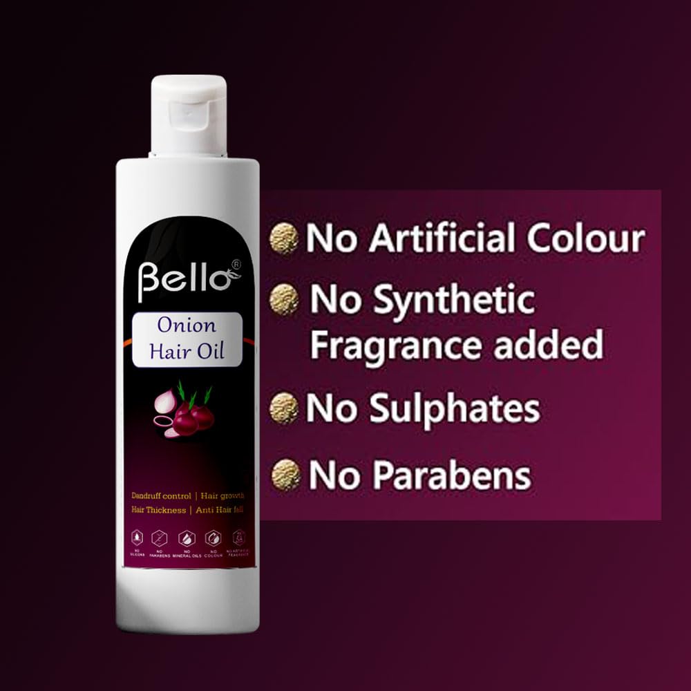 Bello Onion Hair Oil for Hair Growth - Reduces Hair Fall & Controls Dandruff - 200ml Bottle - Promotes Strong & Healthy Hair - Perfect for Daily Hair Care & Scalp Treatment