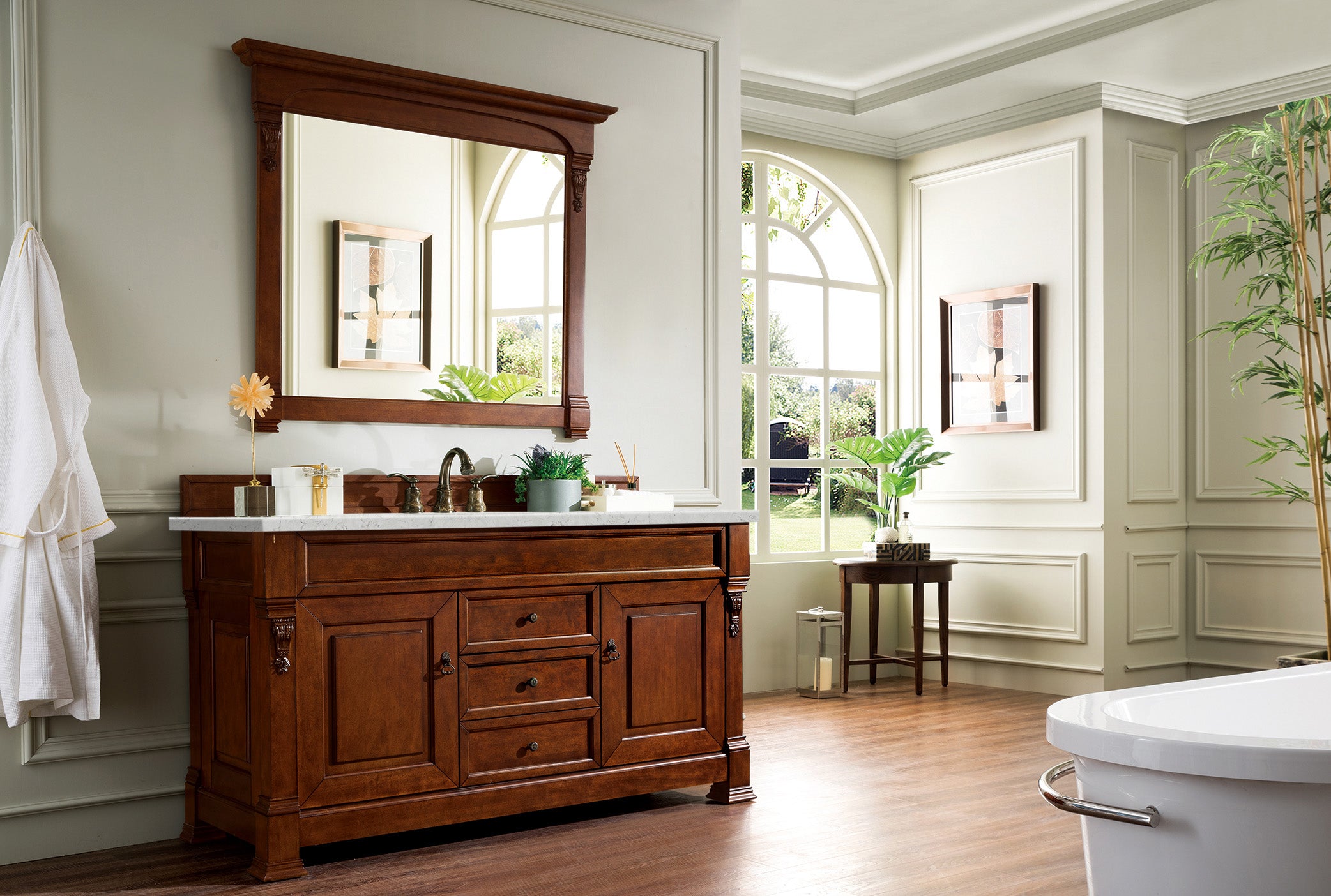 Brookfield 60 Inch Single Bathroom Vanity with Warm Cherry Finish & 3CM Eternal Jasmine Pearl Quartz Top - Perfect for Modern Bathroom Remodeling & Home Upgrade